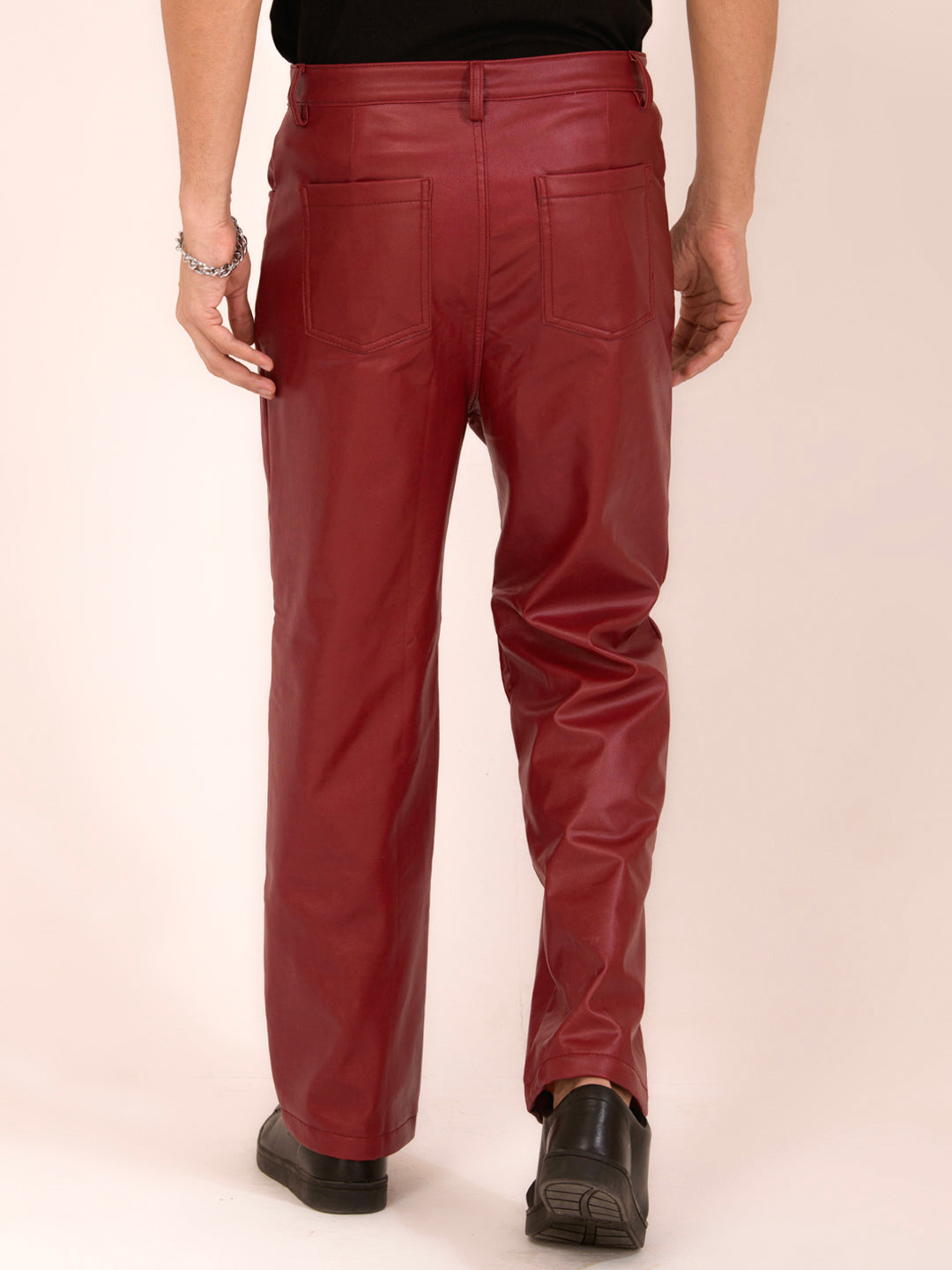 TANDUL  Men Regular Fit Maroon Faux Leather Trousers