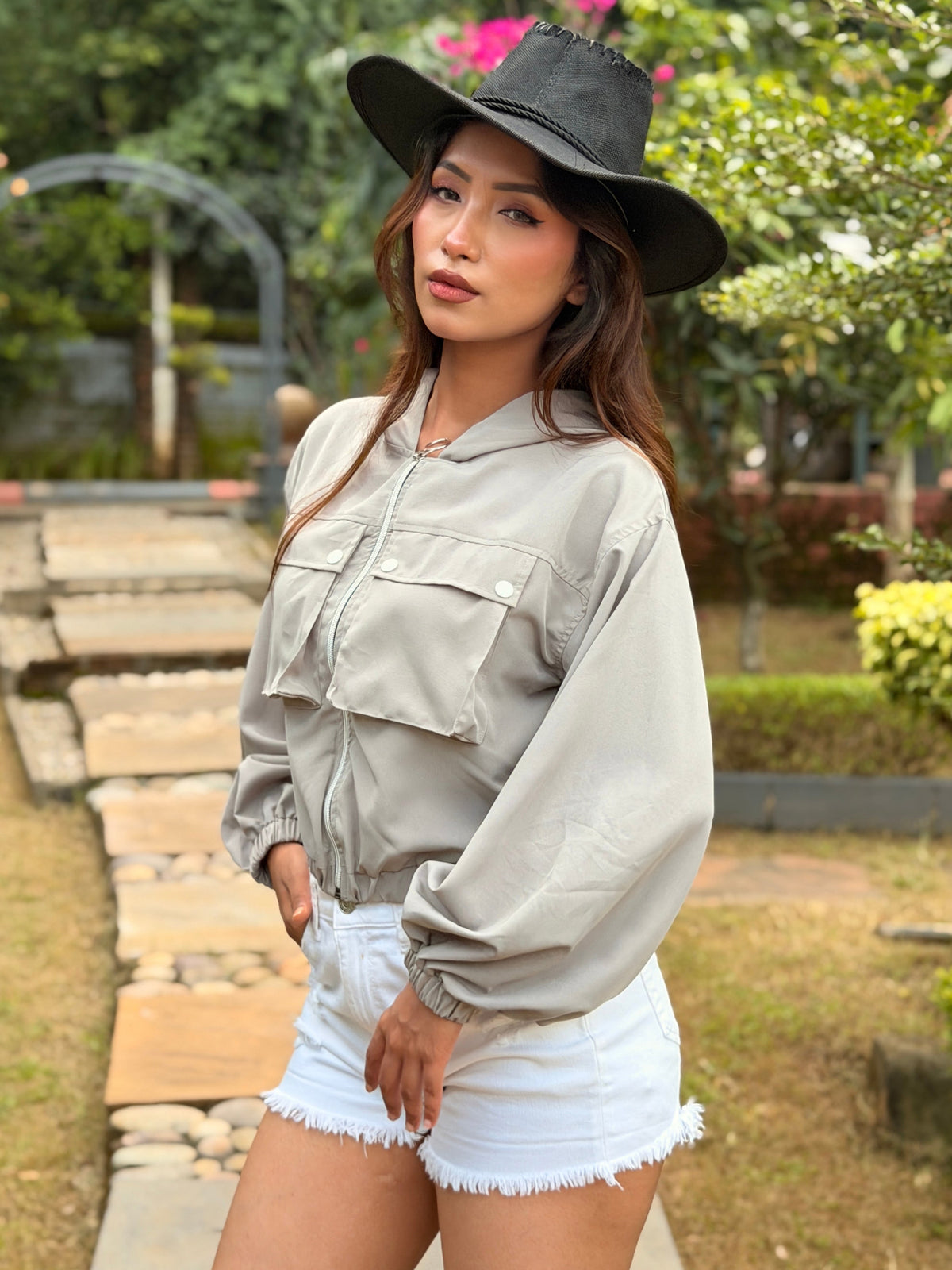 TANDUL Women Grey Cropped Windbreaker Jacket with Hood