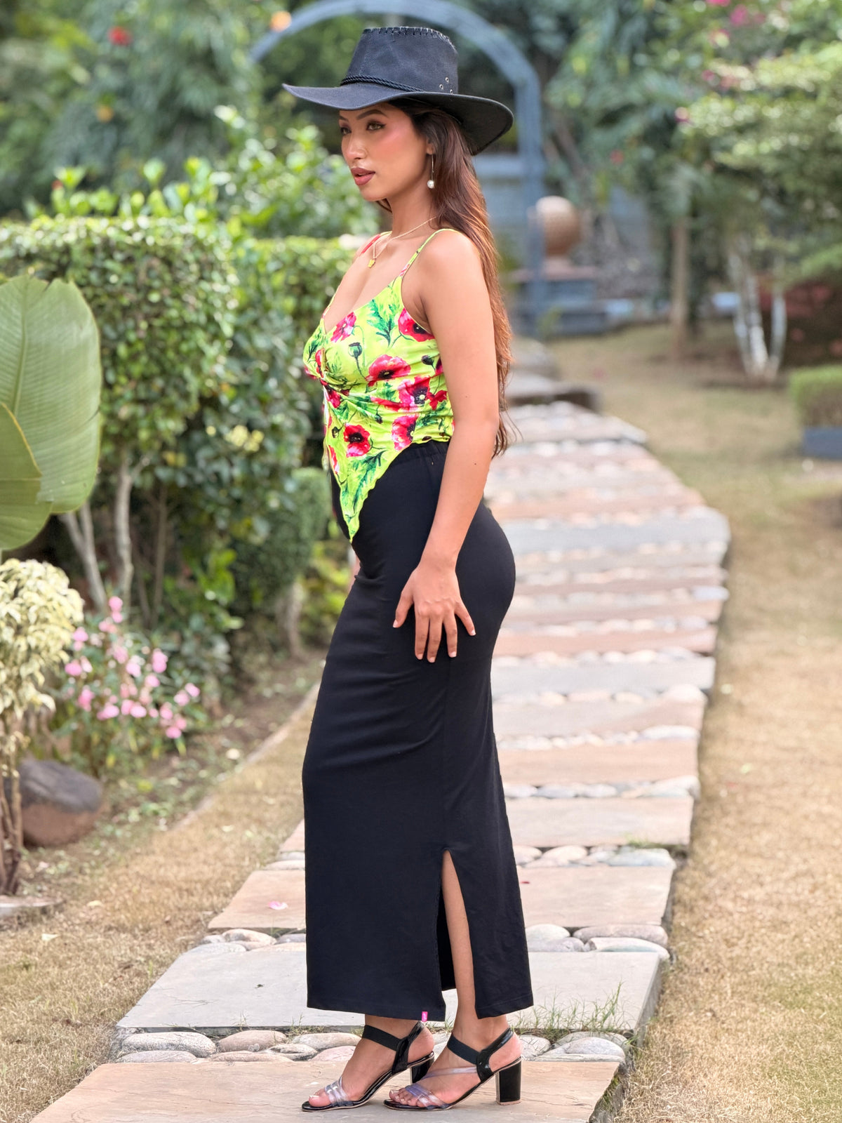 TANDUL Women Vibrant Lime & Red Floral Twist Crop Top