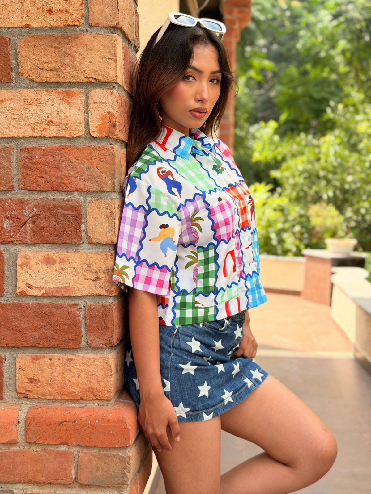 TANDUL Women Retro Colorful Gingham Patchwork Cropped Shirt