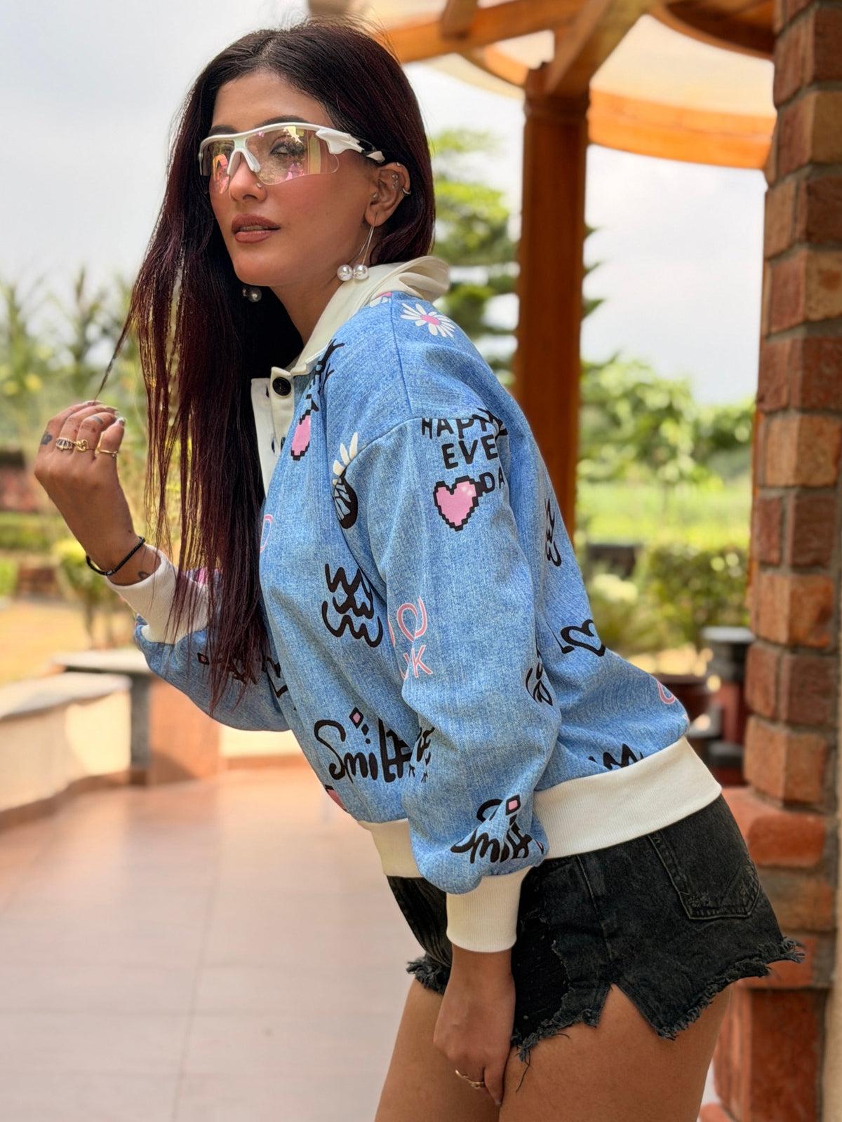 TANDUL Women Light Blue Denim-Print Polo Sweatshirt