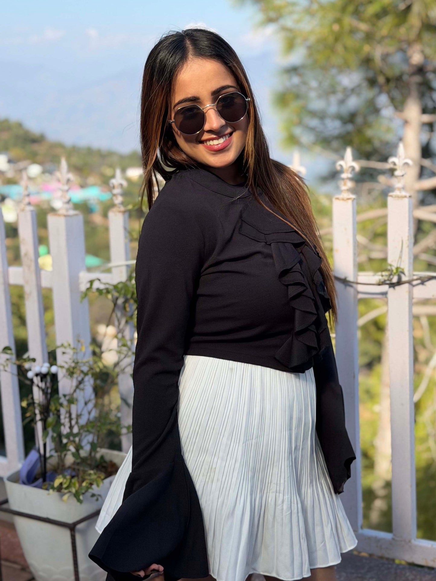 TANDUL Women Elegant Black Ruffle Top