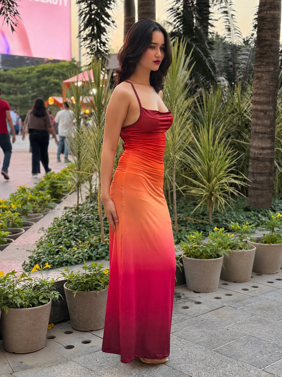 TANDUL Women Sunset Ombré Cowl Neck Maxi Dress