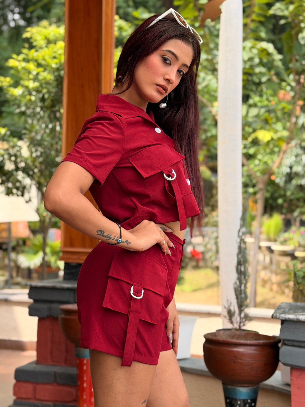 TANDUL Women's Burgundy Cargo Crop Shirt and Shorts Co-ord Set
