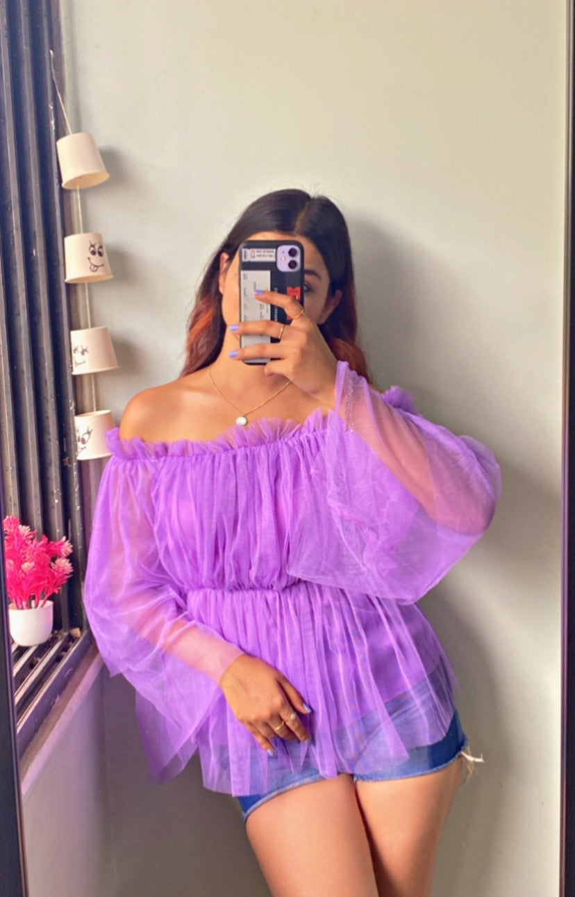 Casual Off Shoulder Sleeve Solid Women Purple Top