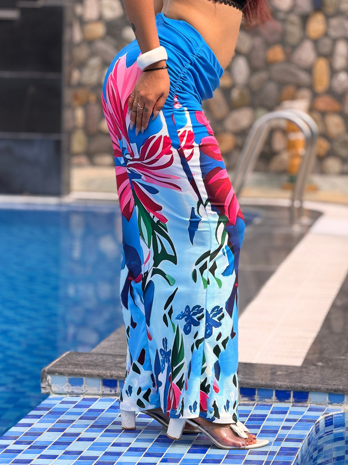 TANDUL Women Vibrant Blue & Pink Floral Ruched Maxi Skirt