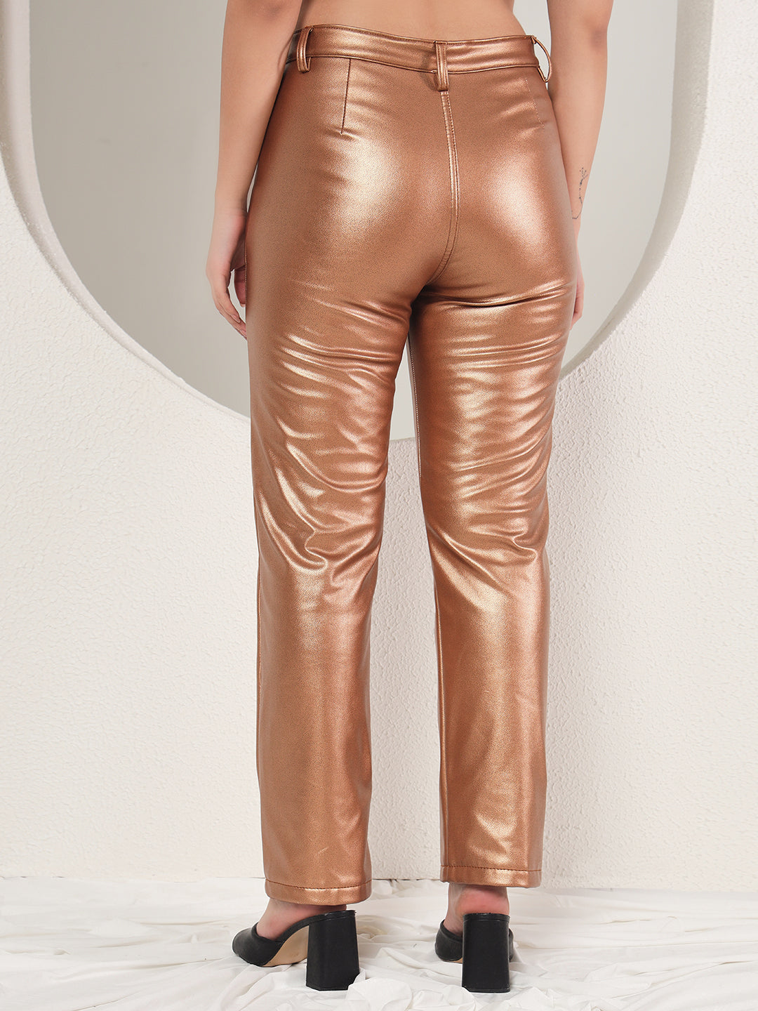 TANDUL  Women Regular Fit Gold Faux Leather Trousers