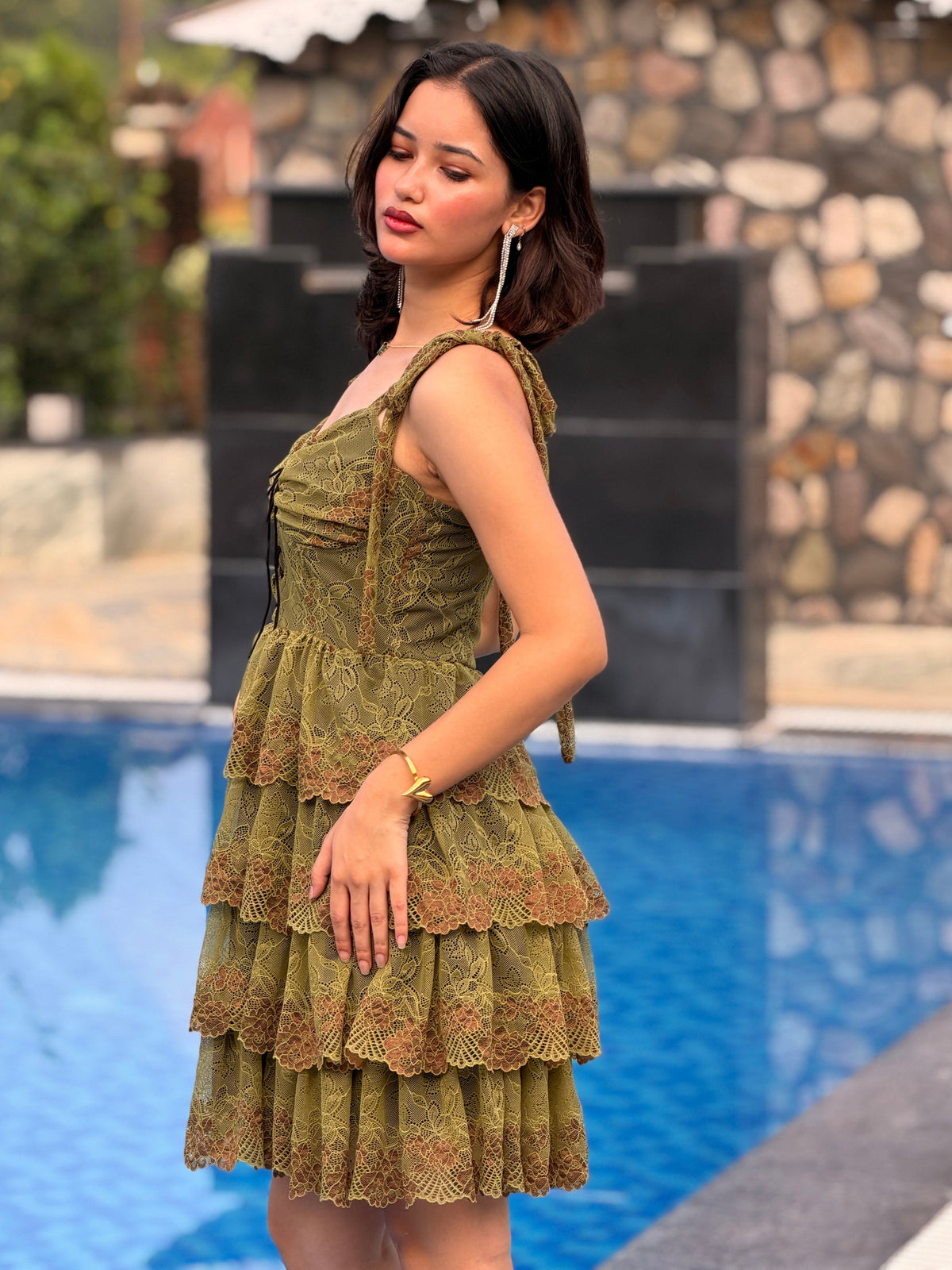 TANDUL Women Fairycore Olive Green Lace Mini Dress