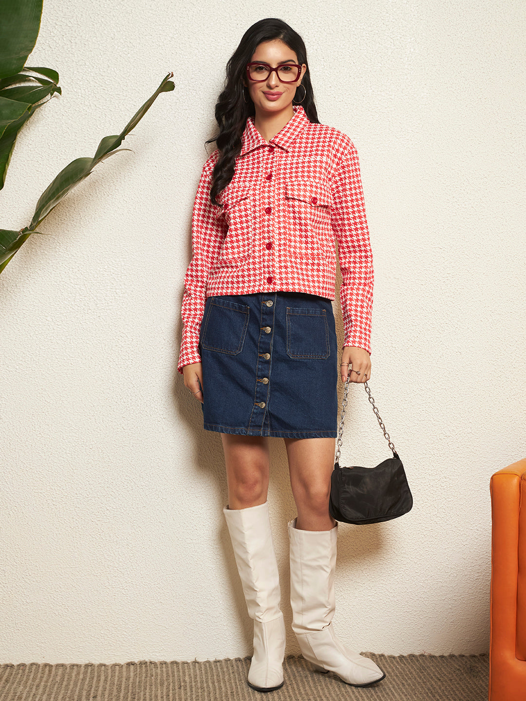 TANDUL Women Classic Red and White Checkered Jacket