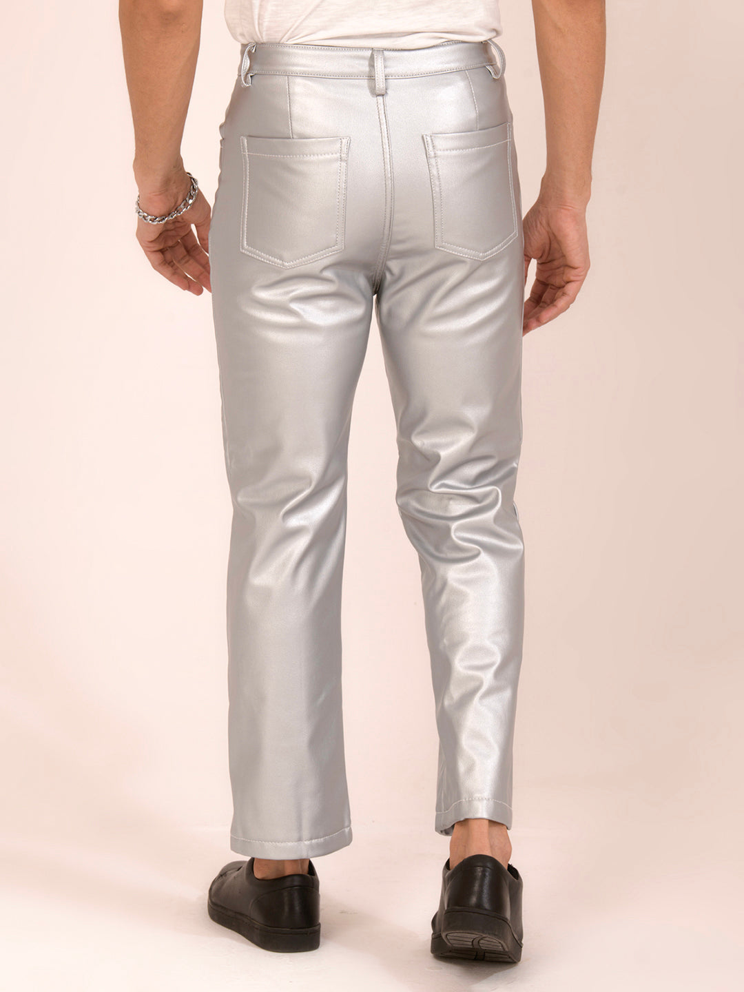 TANDUL  Men Regular Fit Silver Faux Leather Trousers