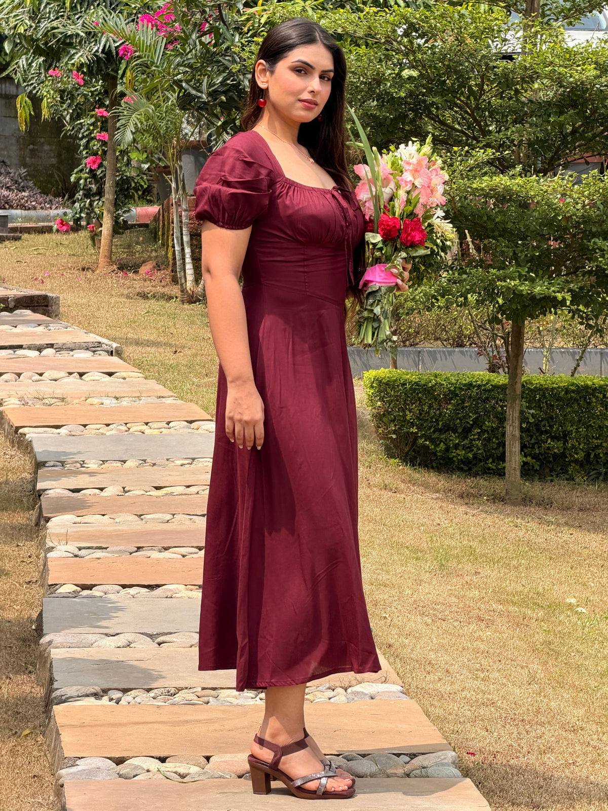 TANDUL Women Classic Wine Lace-Up Corset Midi Dress