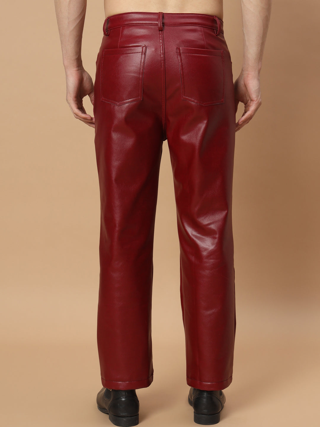 TANDUL  Men Regular Fit Maroon Faux Leather Trousers