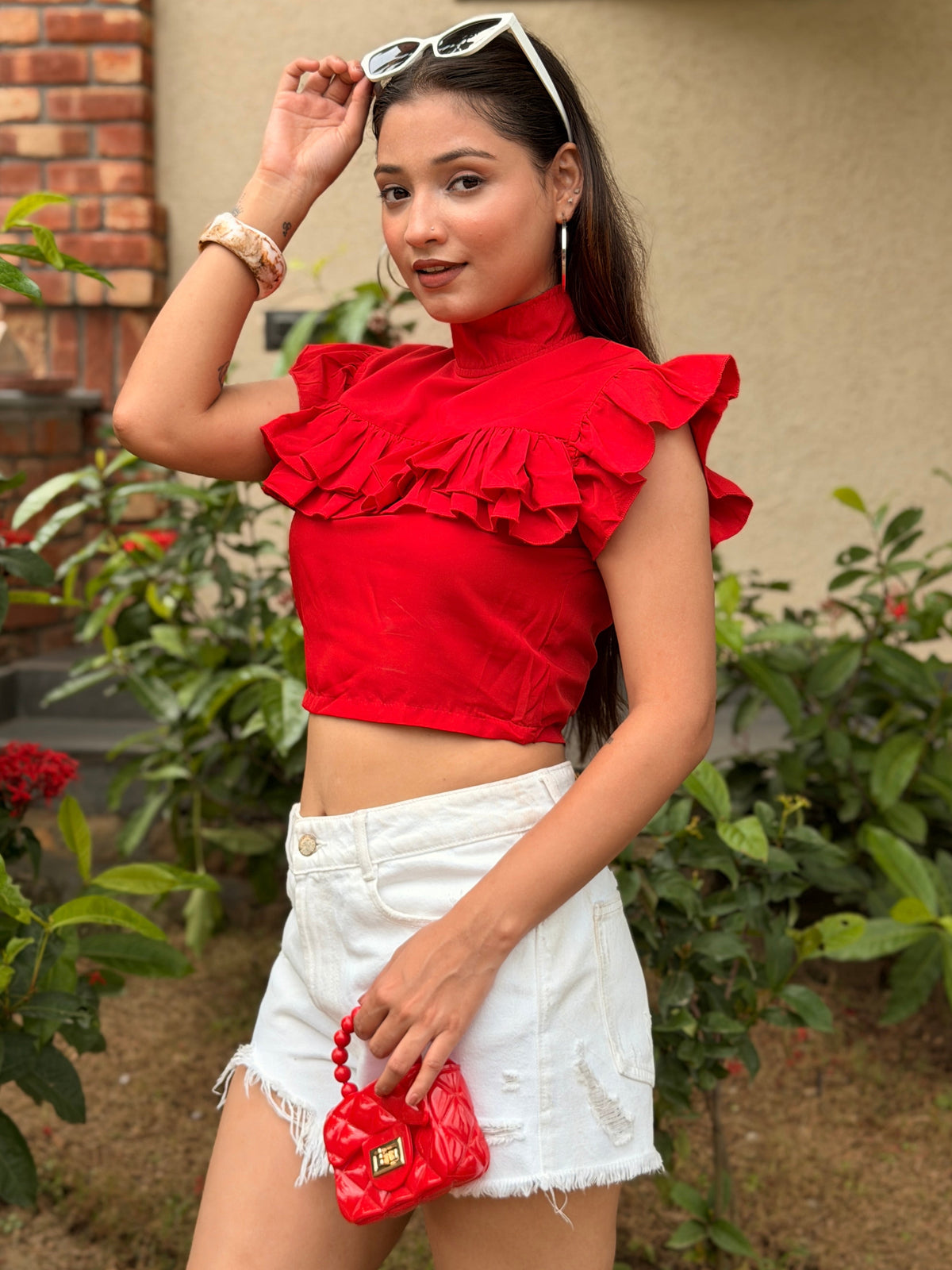 TANDUL Women Red High-Neck Ruffle Crop Top
