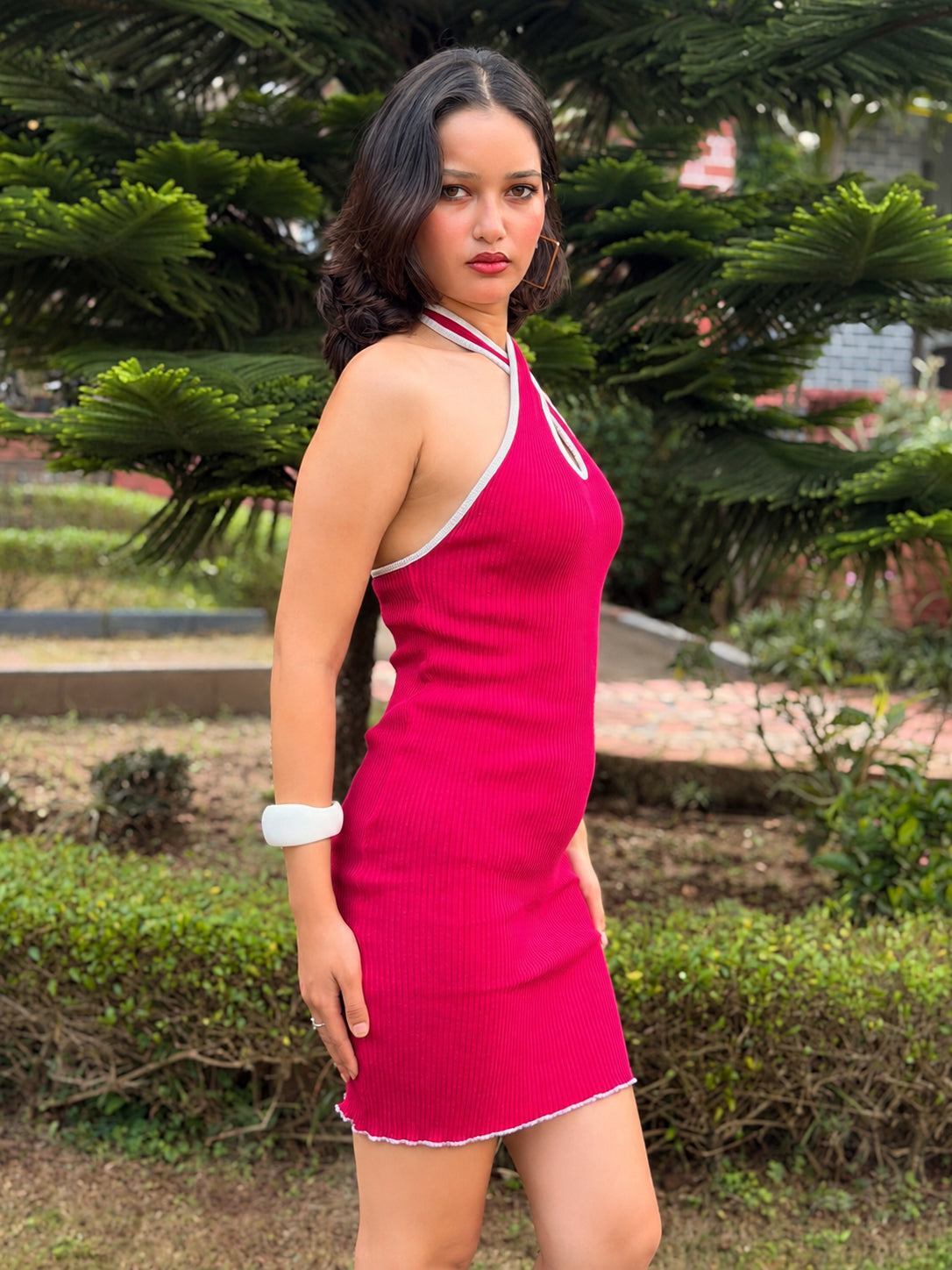 TANDUL Women Elegant Keyhole Neck Fuchsia Pink Dress