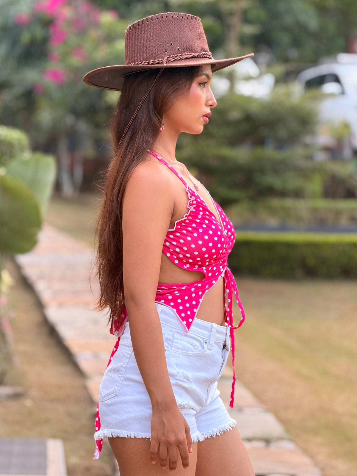 TANDUL Women Hot Pink Polka Dot Butterfly Crop Top