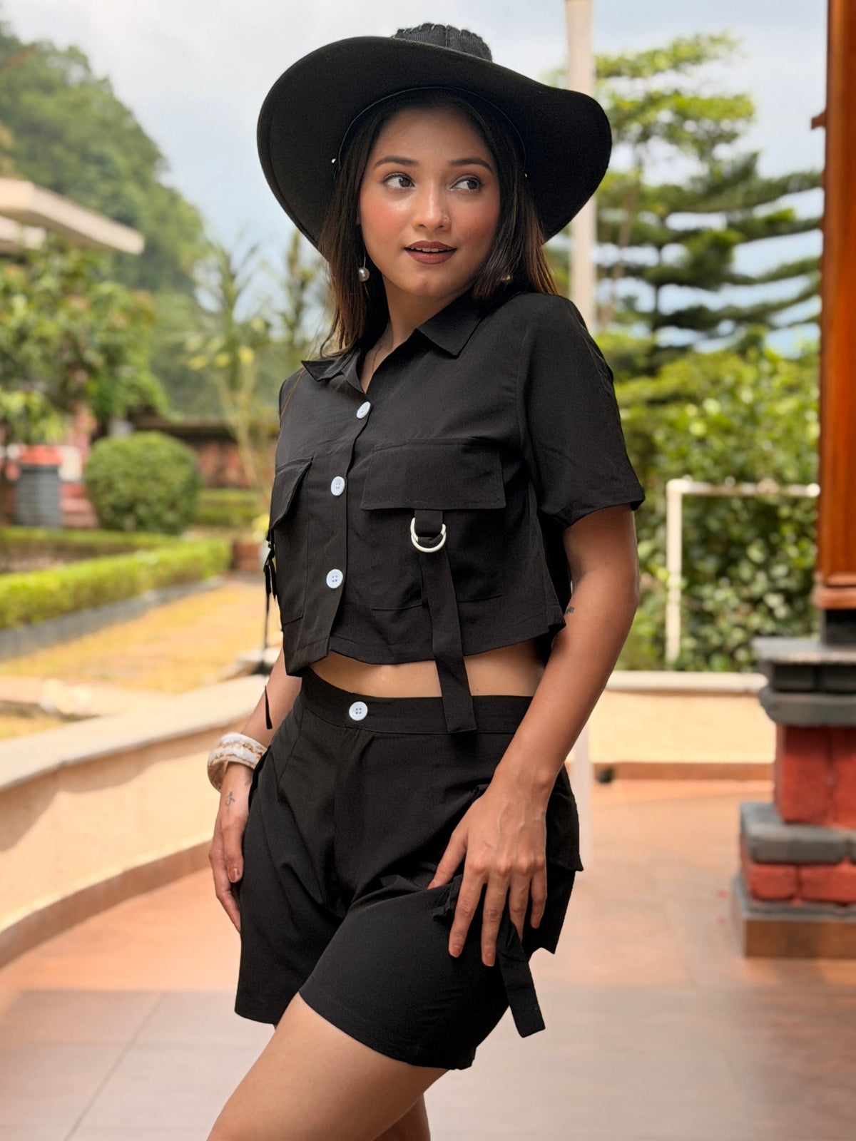 TANDUL Women Short Sleeve Button-Down Crop Top and Cargo Shorts Co-ord