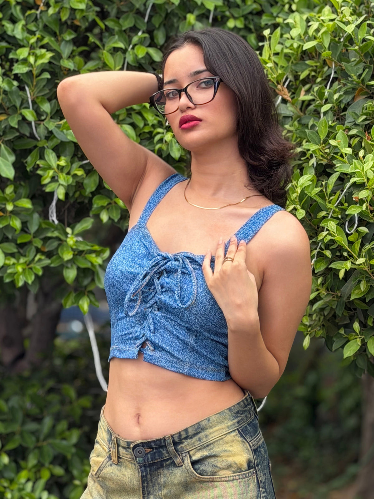 TANDUL Women Denim-Printed Front Detailed Crop Top