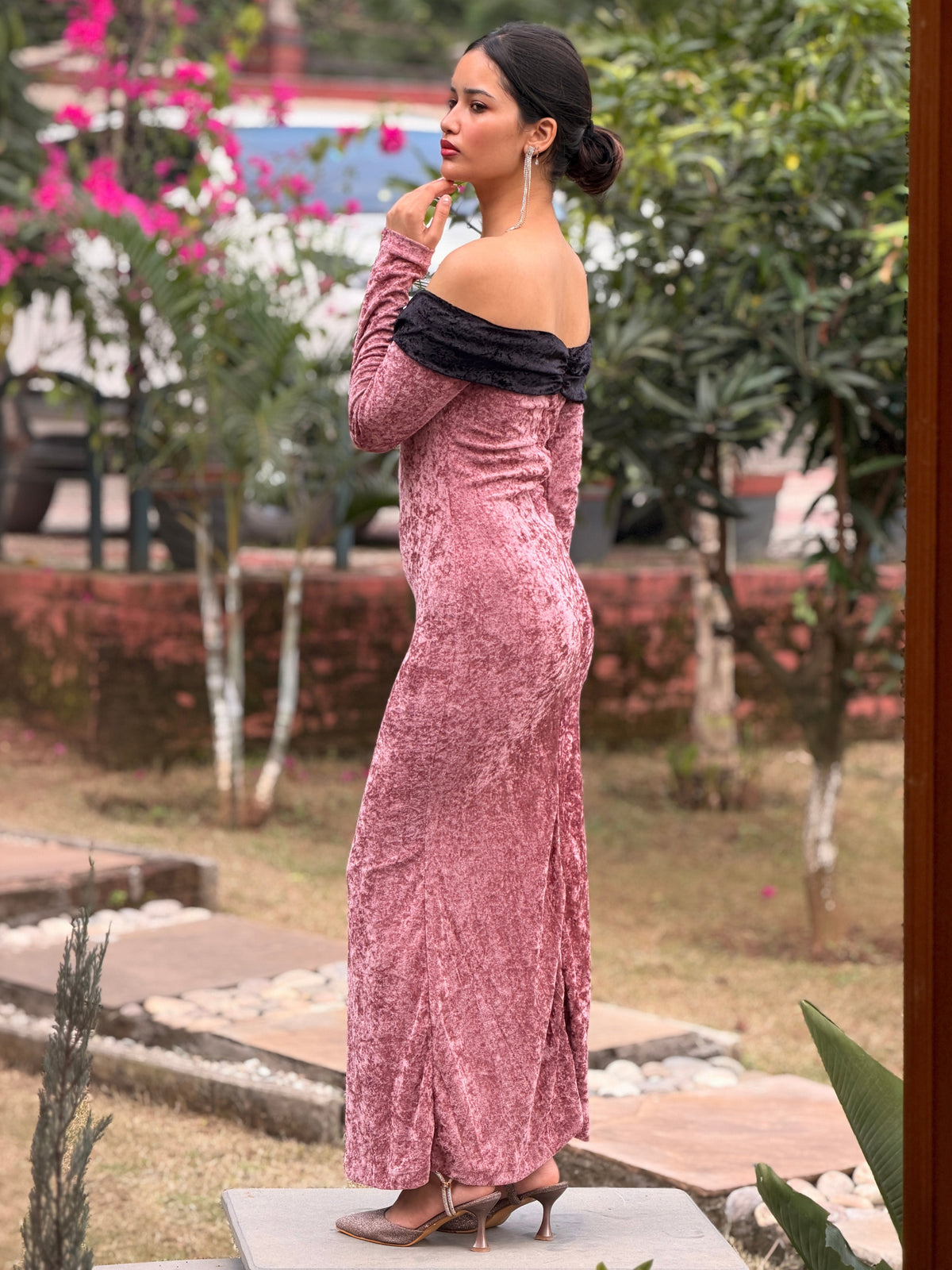 TANDUL Women Rose Gold Velvet Off-Shoulder Maxi Dress
