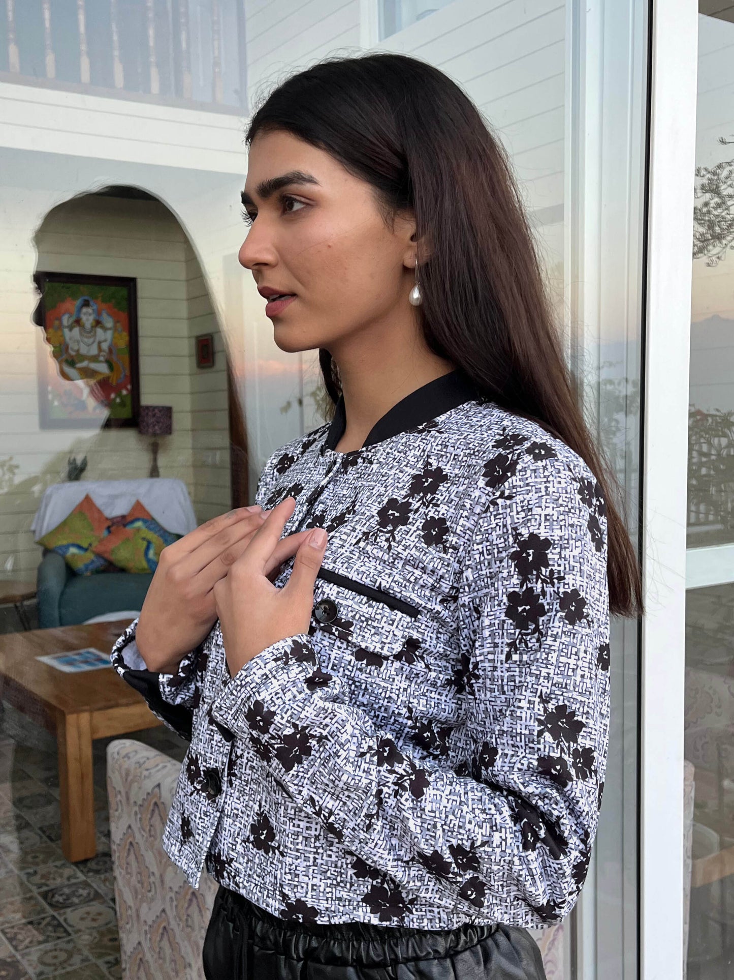 TANDUL Women Stunning Black and White Floral Print Jacket