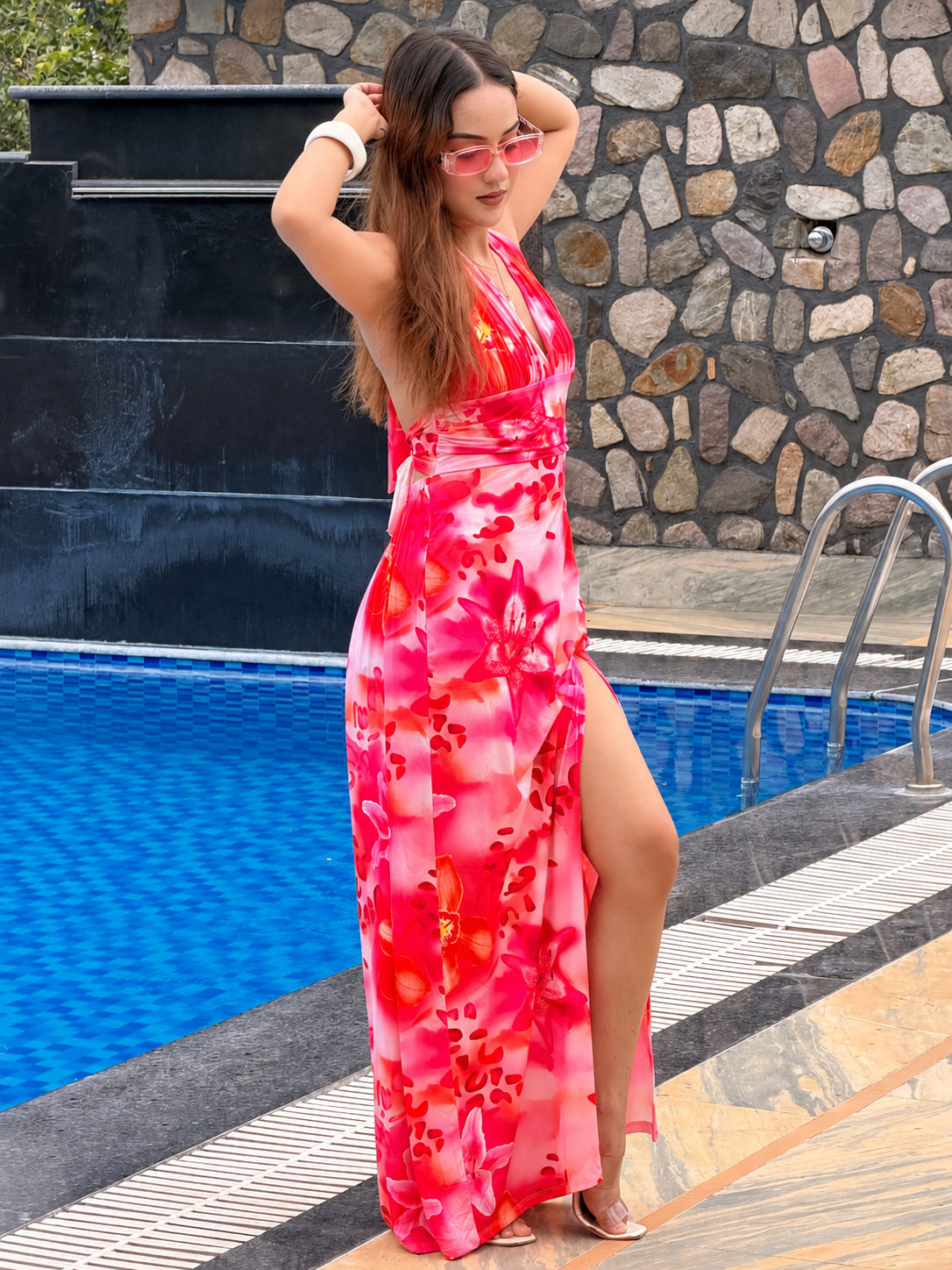 TANDUL Women Tropical Pink Floral Halter Maxi Dress