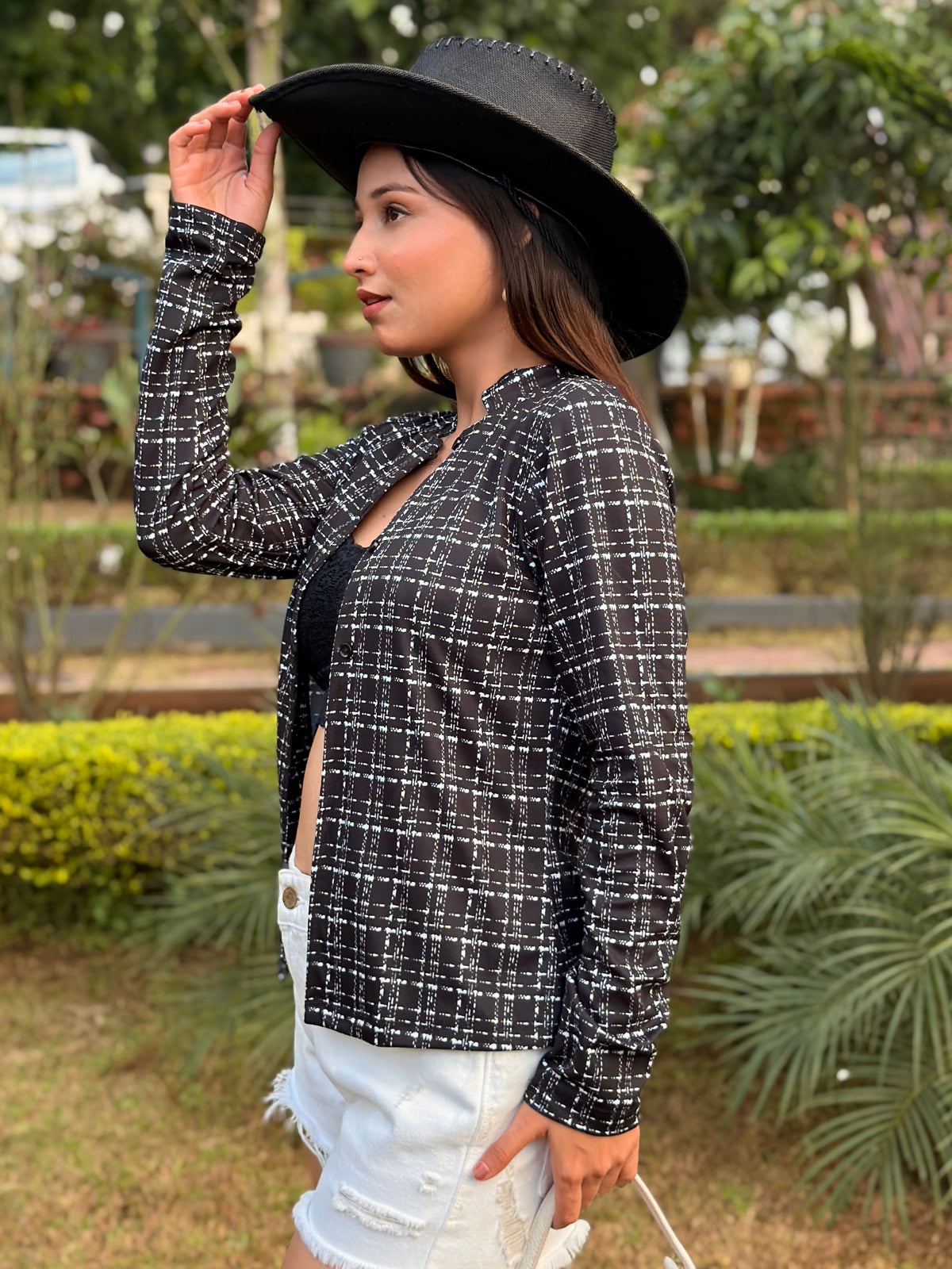 TANDUL Women Tweed-Printed Mandarian Collar Fitted Jacket Style Top