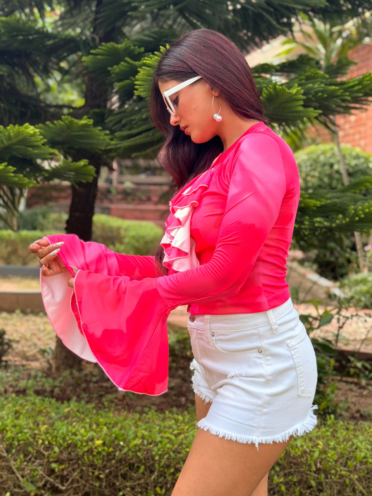 TANDUL Women Pink Tie-Dye Ruffle Button-Down Top with Bell Sleeves