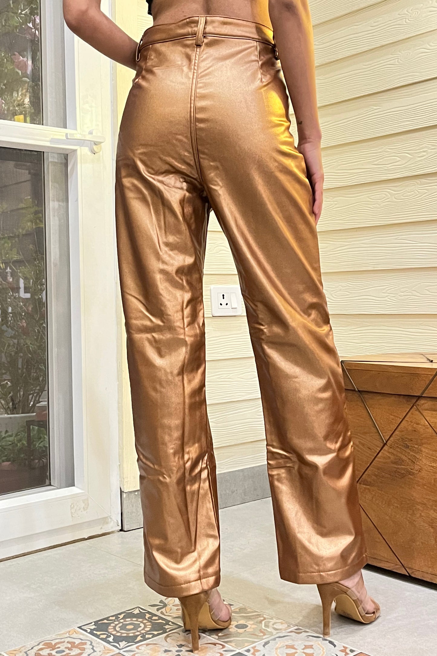 TANDUL  Women Regular Fit Gold Faux Leather Trousers
