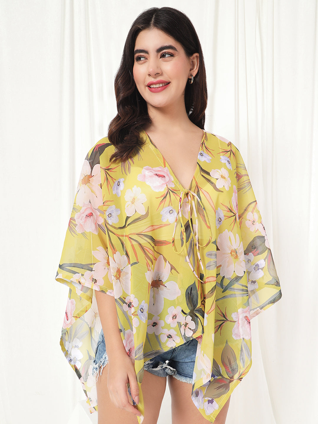 TANDUL  Women Kimono Style 3/4th Sleeve Yellow Shrug