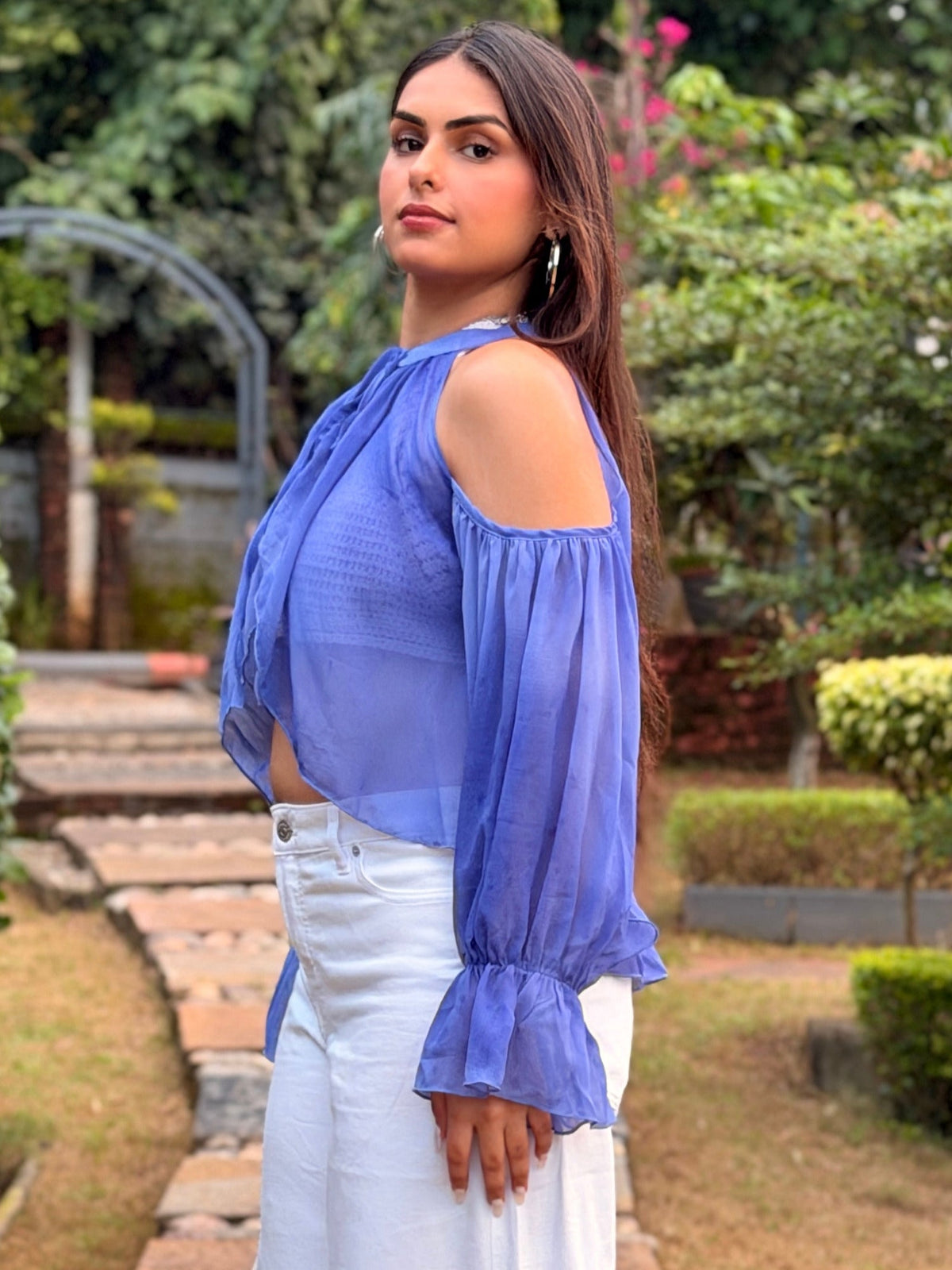 TANDUL Women Periwinkle Sheer Halter Cold-Shoulder Crop Top