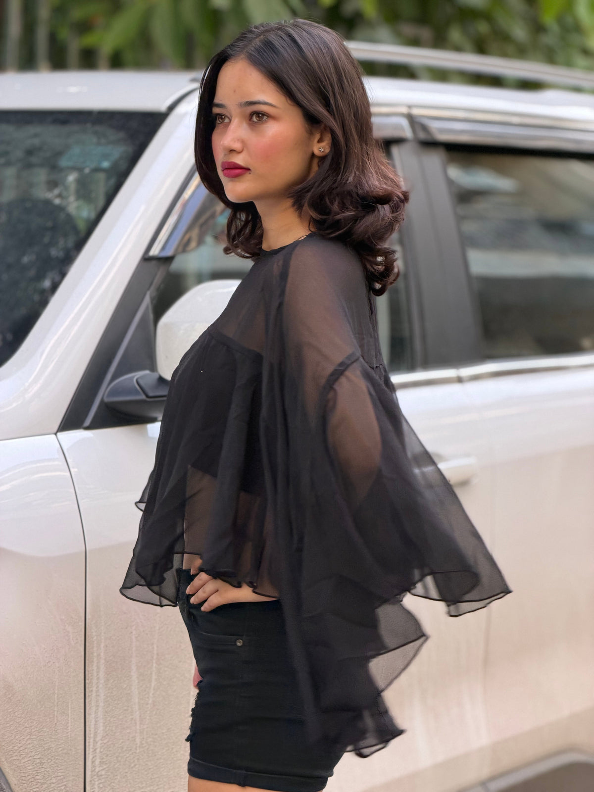 TANDUL Women's Black Sheer Cape Top