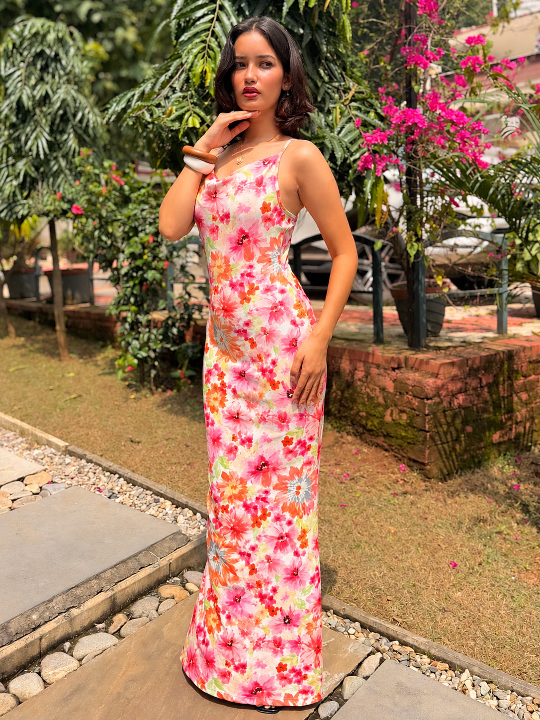 TANDUL Women Floral Print Cowl Neck Maxi Dress