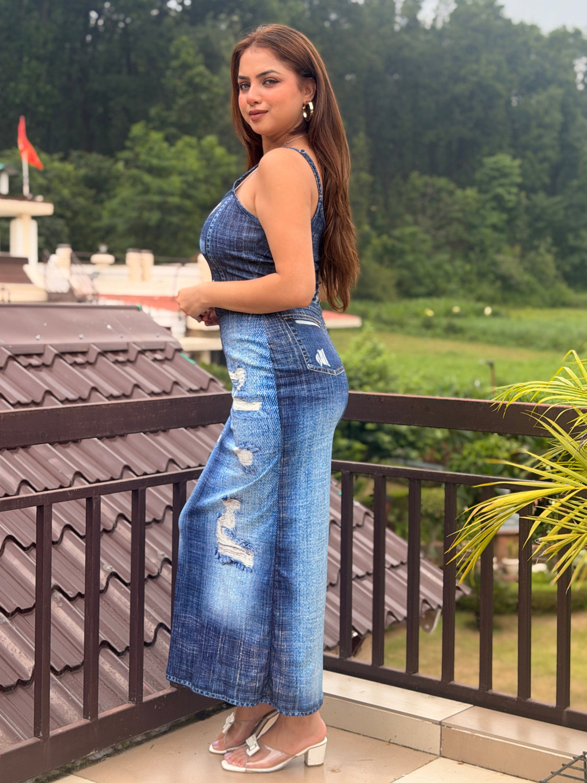 TANDUL Women Denim Print Trompe L'oeil Scoop Neck Maxi Dress