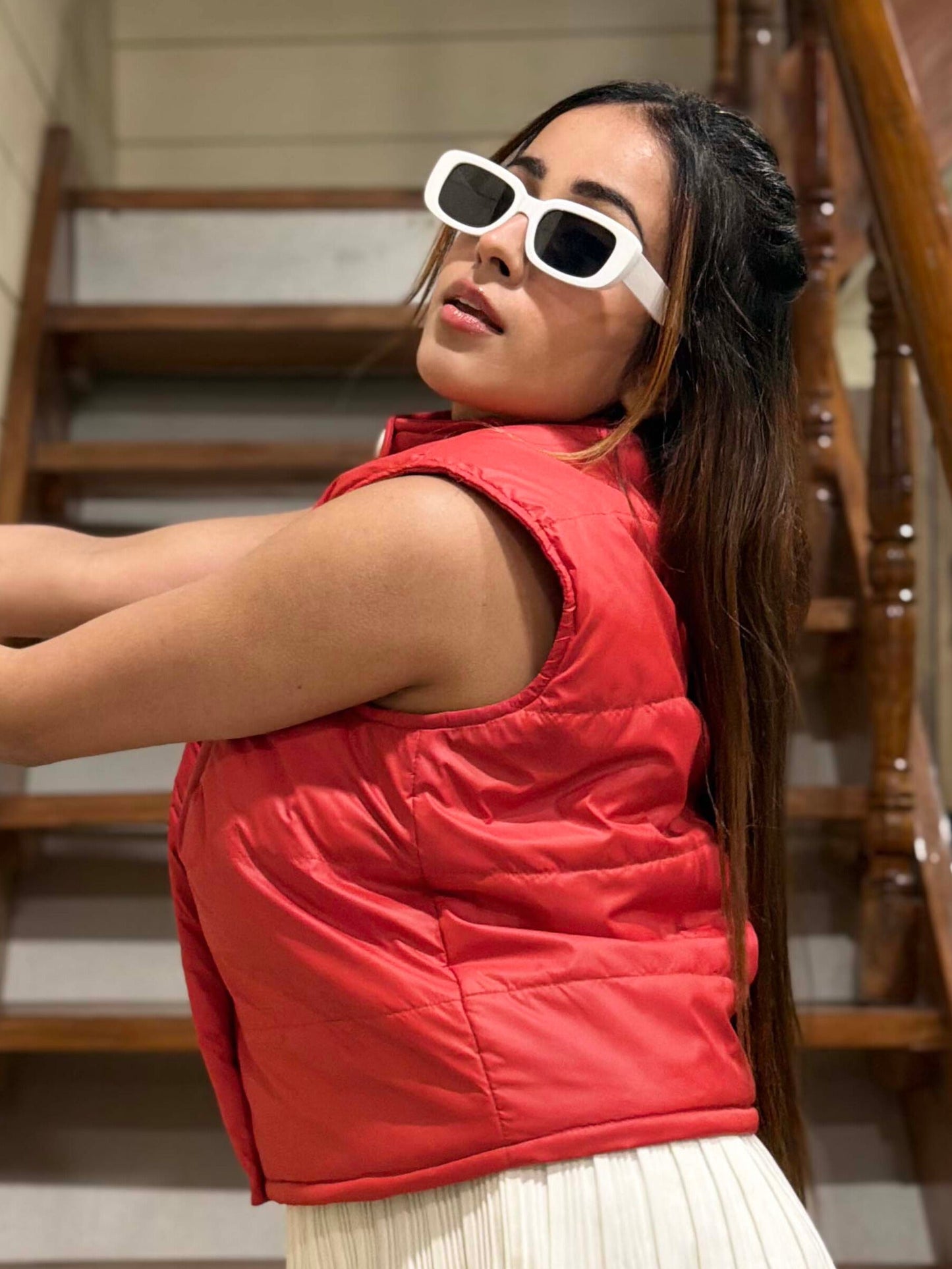 TANDUL Women Red Sleeveless Puffer Jacket