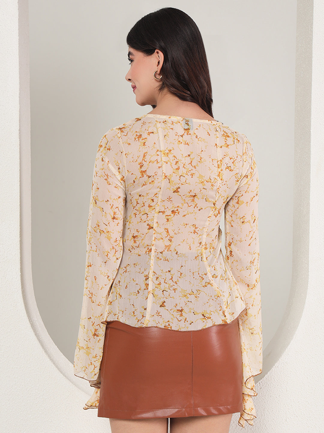 TANDUL  Casual Bell Sleeves Floral Print Women Beige Top