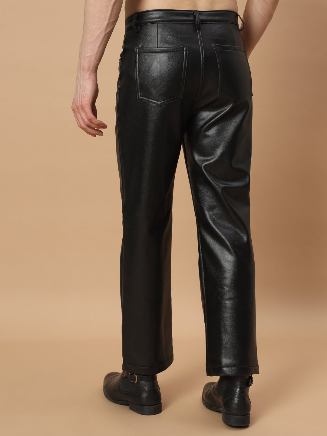 TANDUL  Men Regular Fit Black Faux Leather Trousers