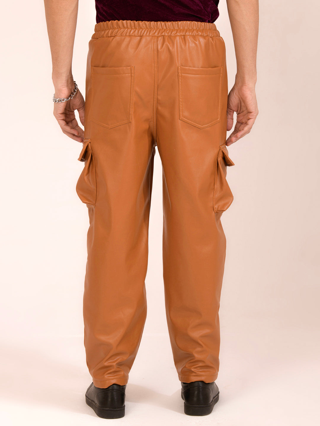 TANDUL  Men Regular Fit Yellow Faux Leather Trousers