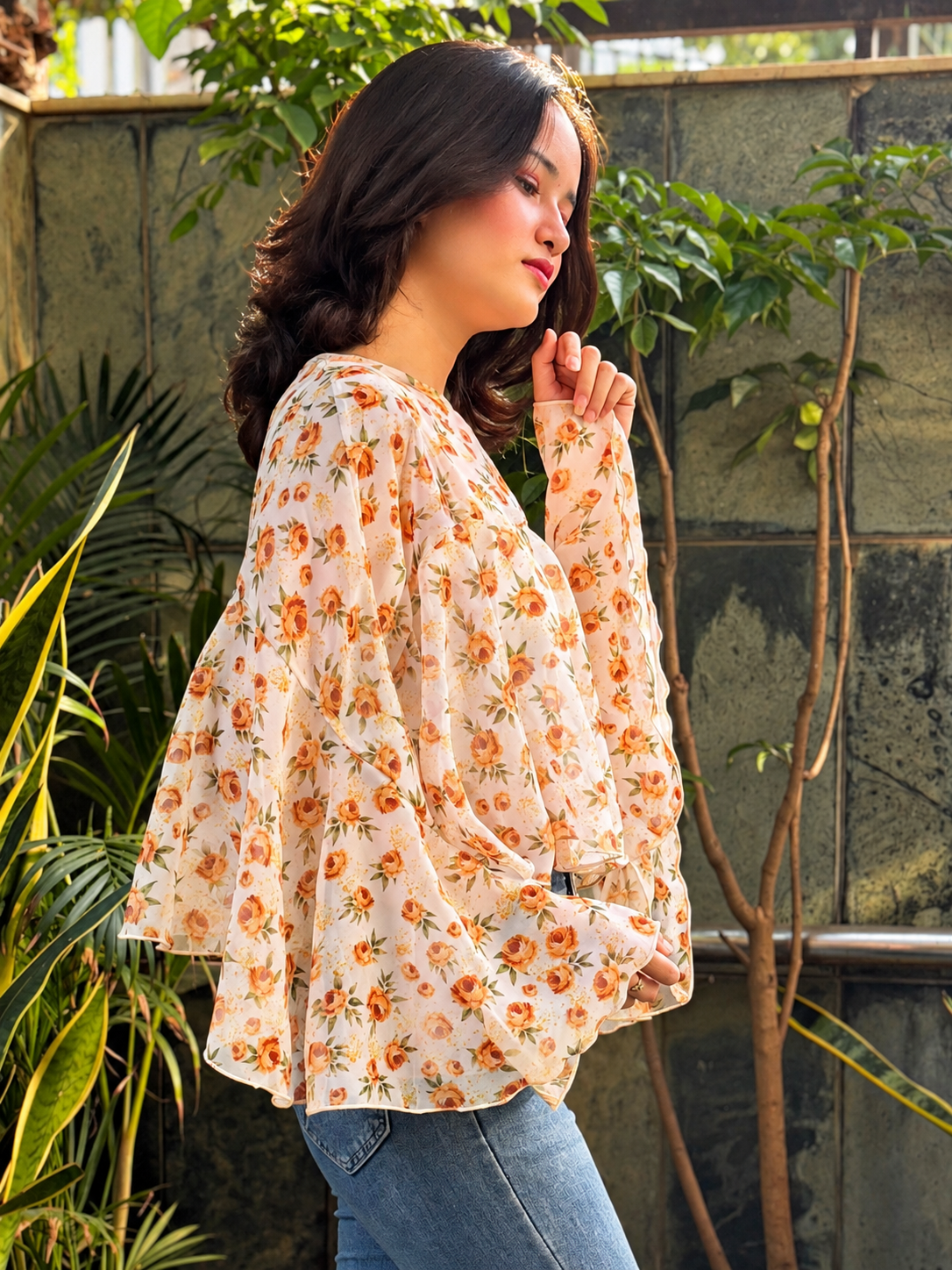 TANDUL Women Ochre Floral Tiered Crop Shrug