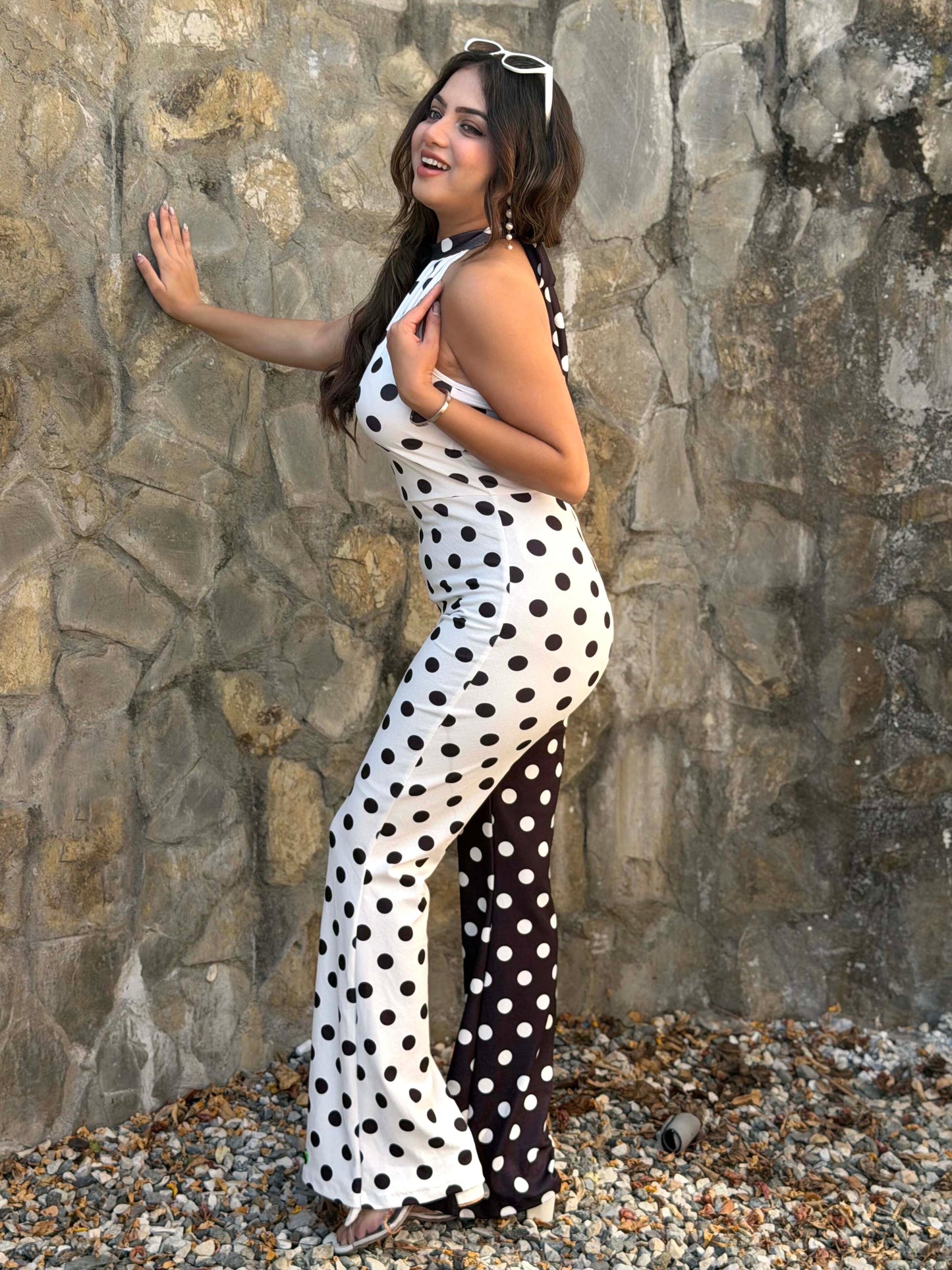 TANDUL Women Chic Black and White Polka Dot Jumpsuit