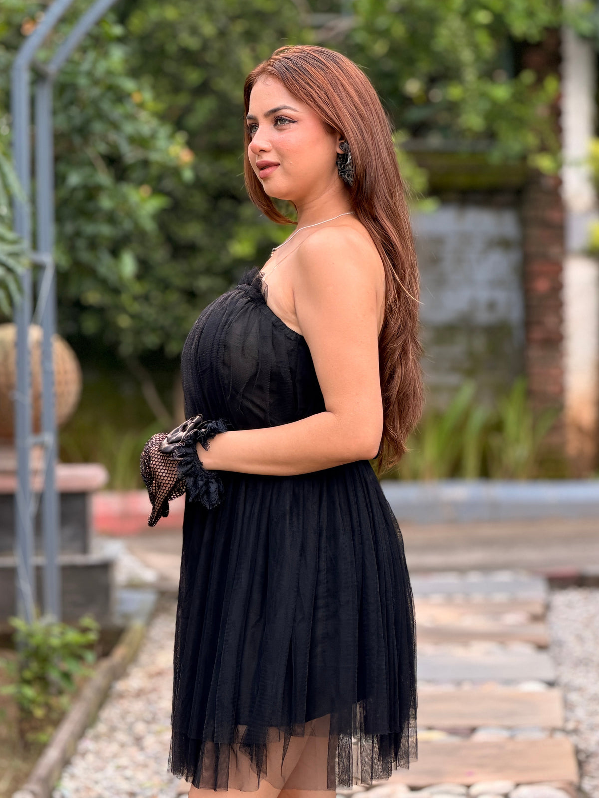 TANDUL Women Elegant Strapless Black Tulle Mini Dress