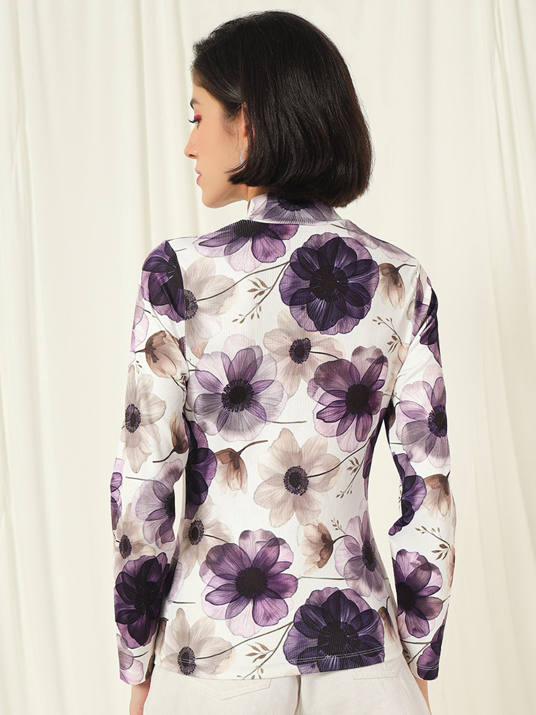 TANDUL  Women Floral Print High Neck White Sweater