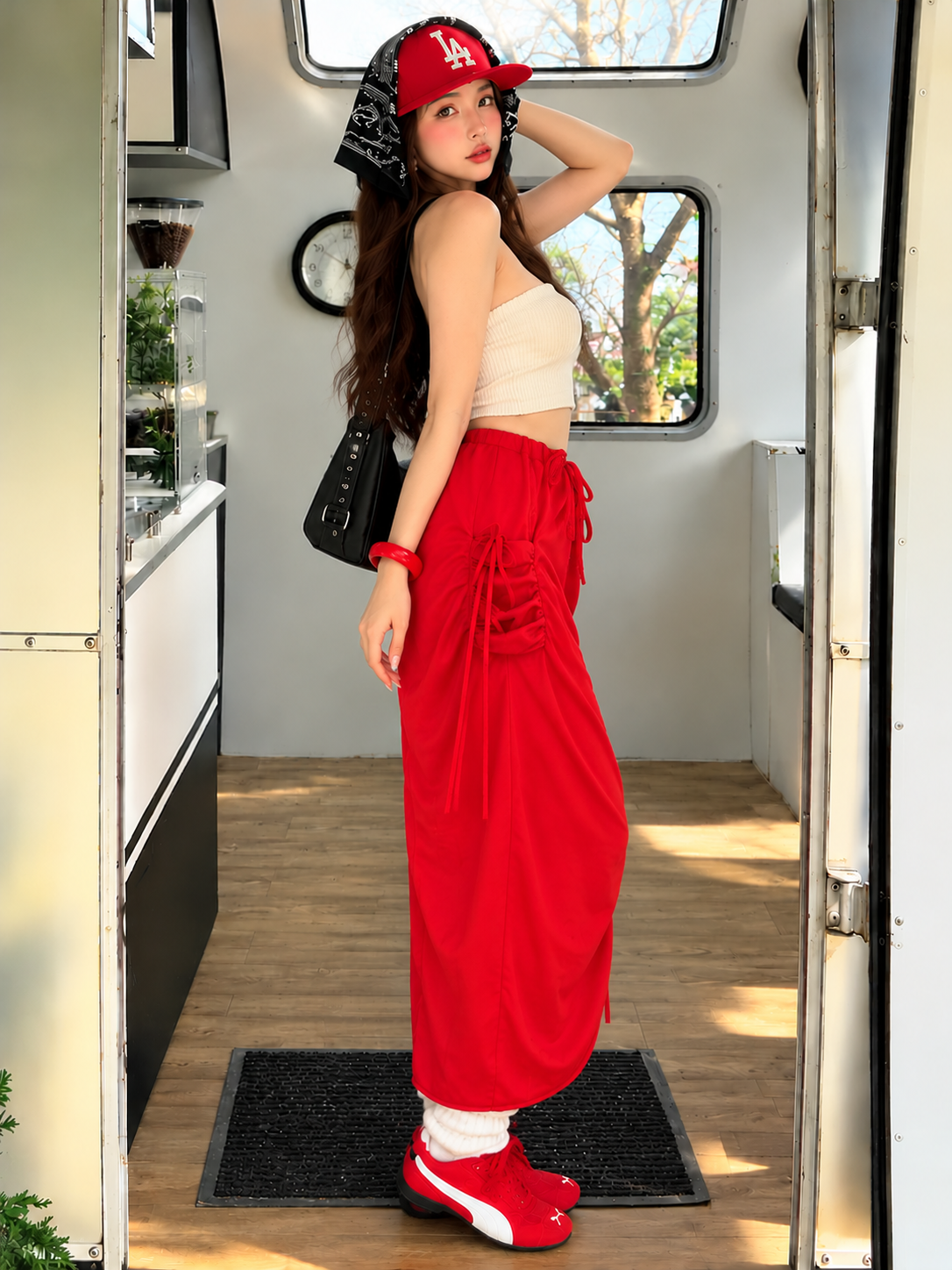 TANDUL Women Red Drawstring Ruched Maxi Cargo Skirt
