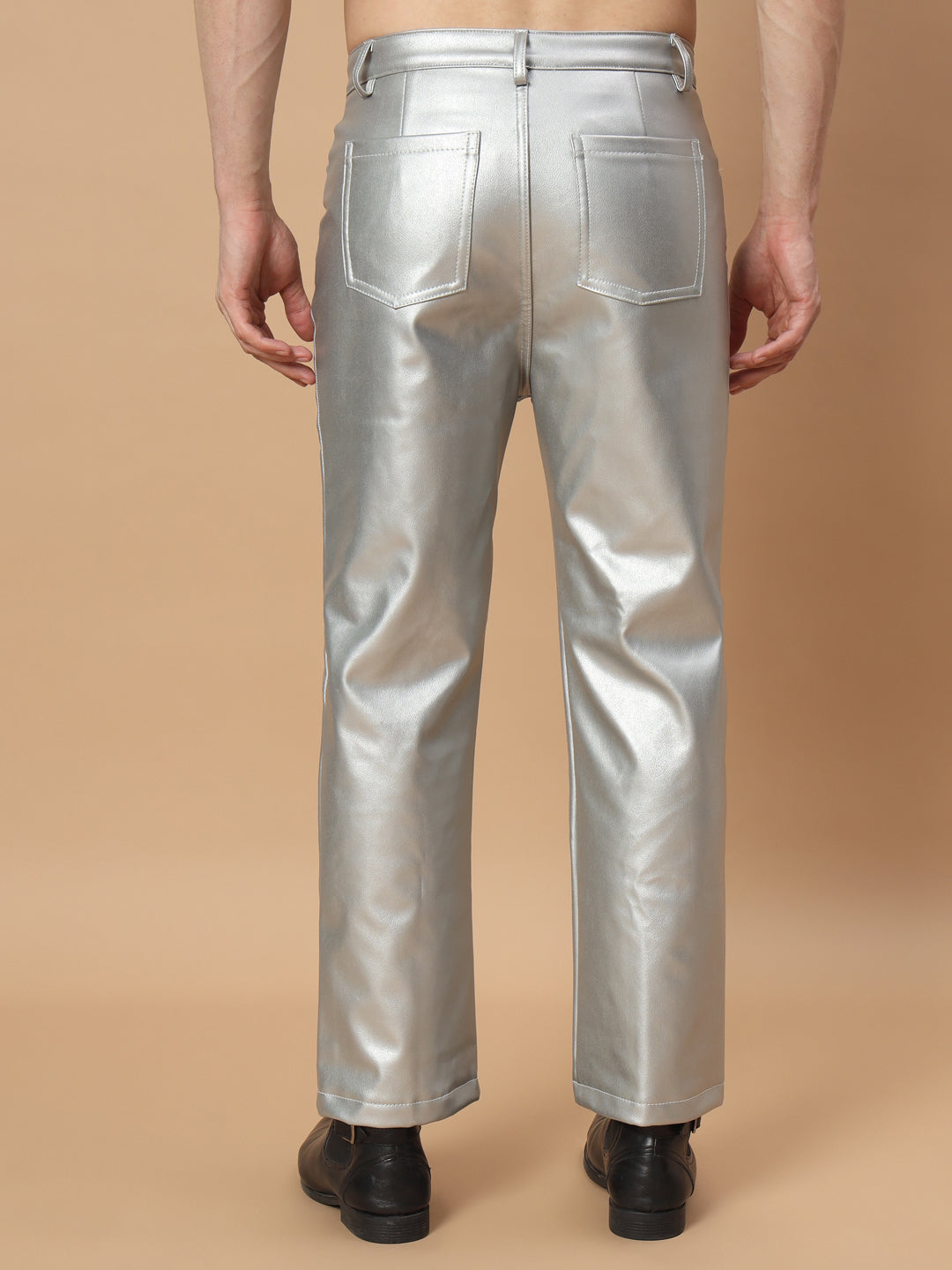 TANDUL  Men Regular Fit Silver Faux Leather Trousers