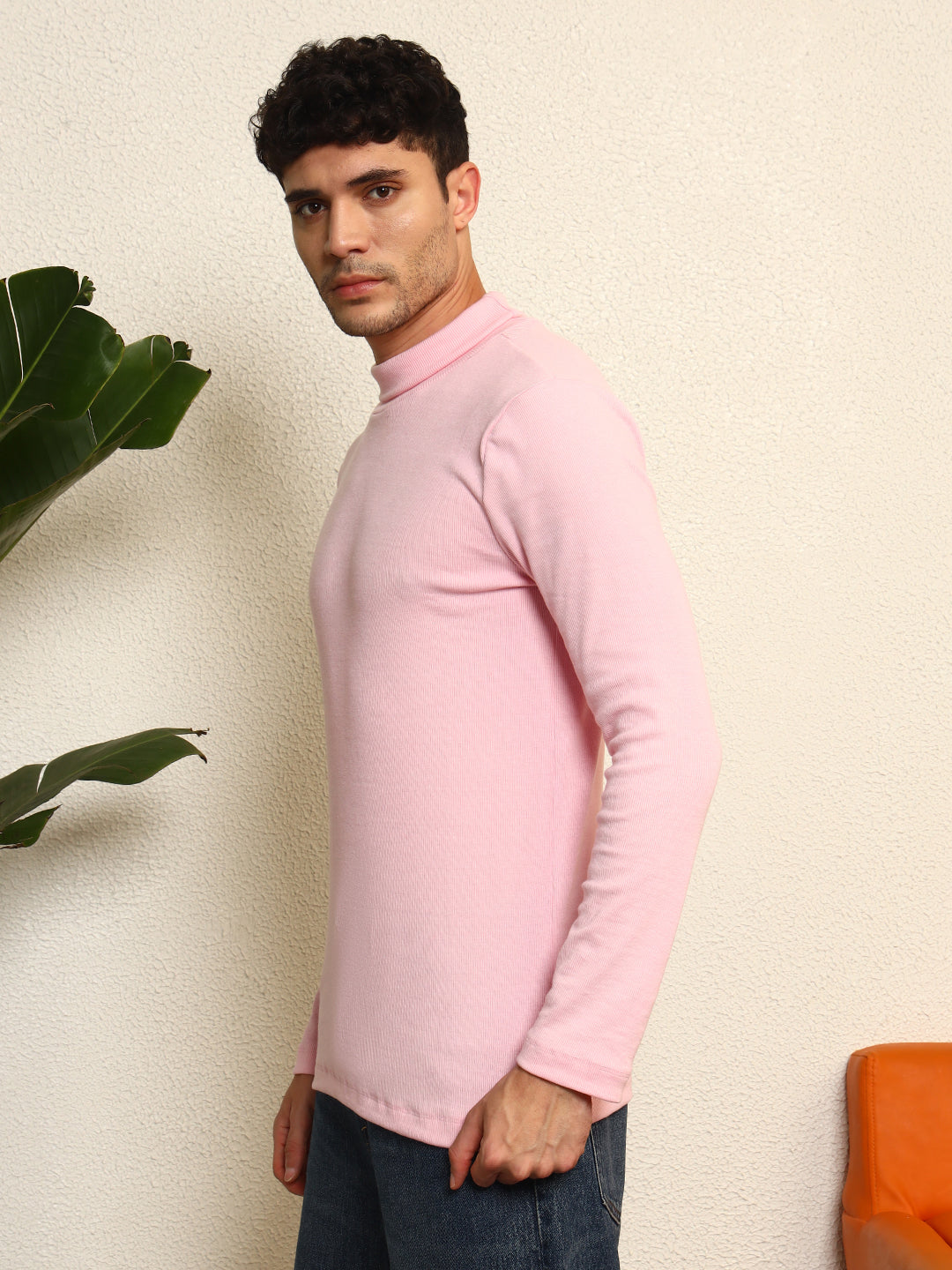 TANDUL  Men Solid Turtle Neck Pink Sweater