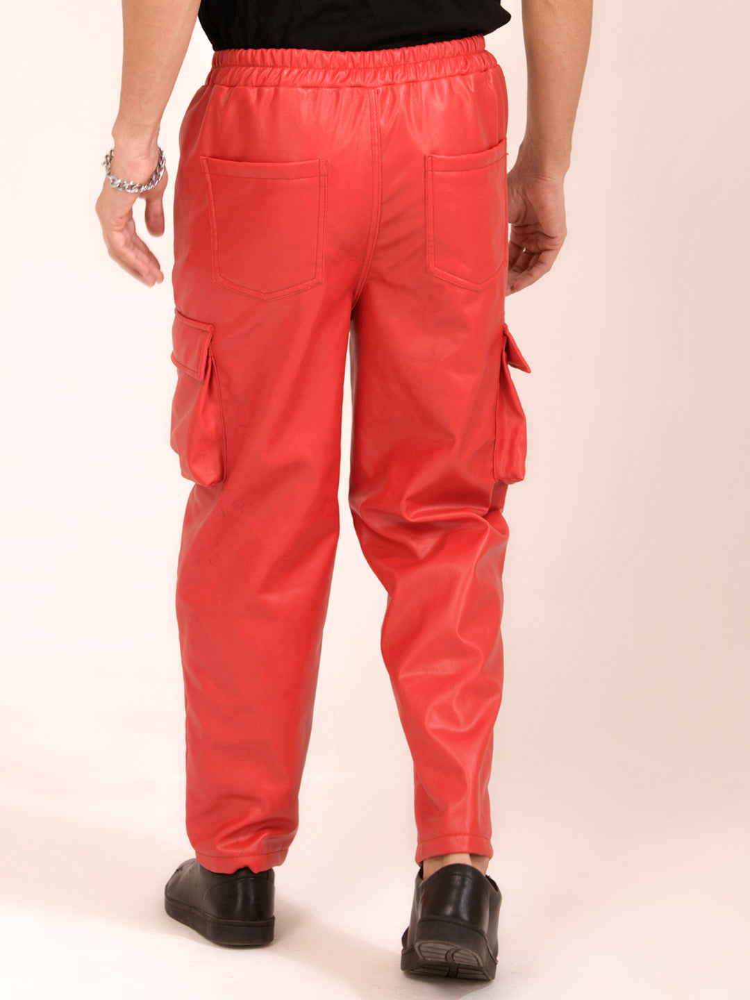 TANDUL  Men Regular Fit Red Faux Leather Trousers