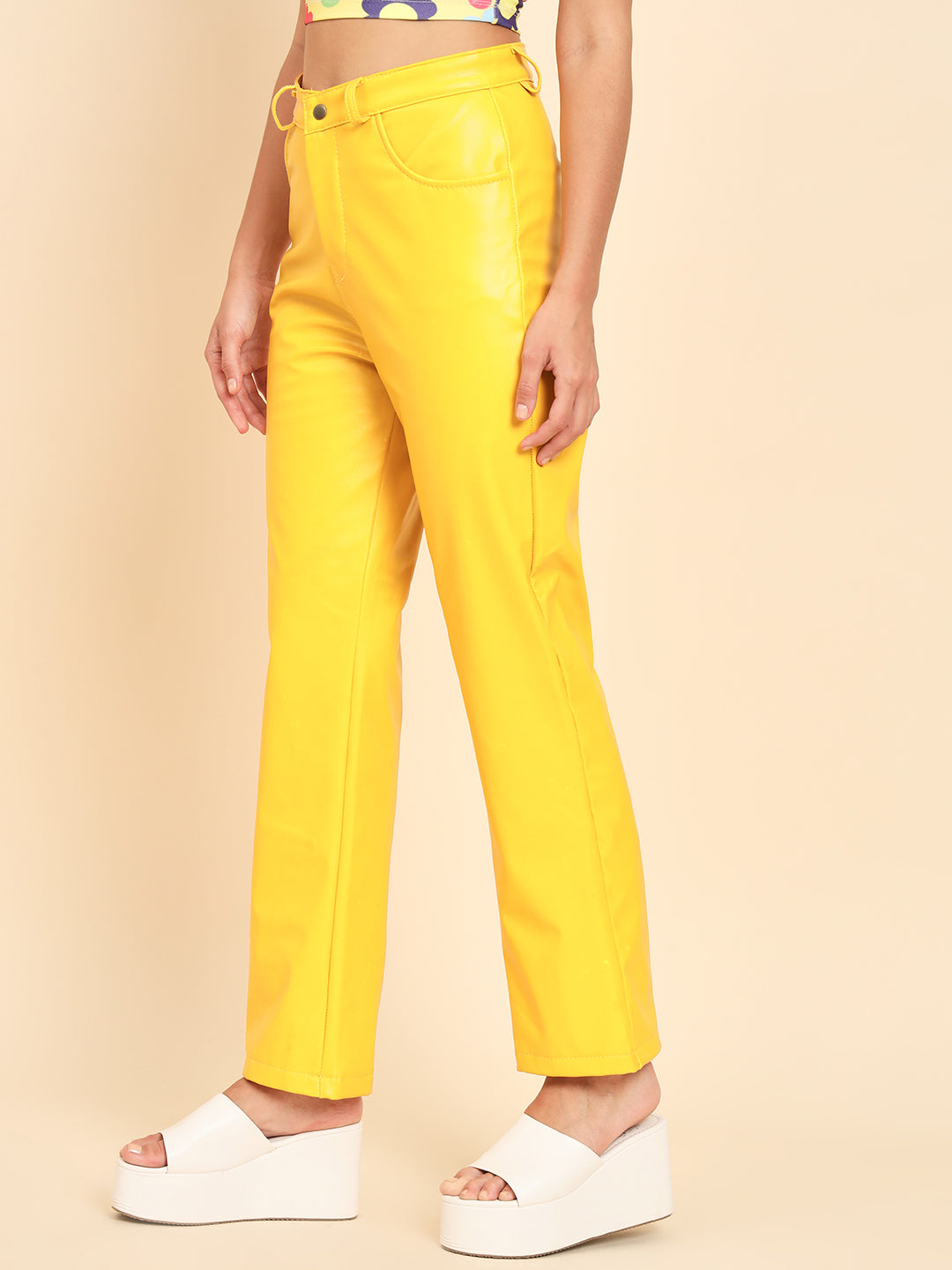 TANDUL Women Regular Fit Yellow Faux Leather Trousers