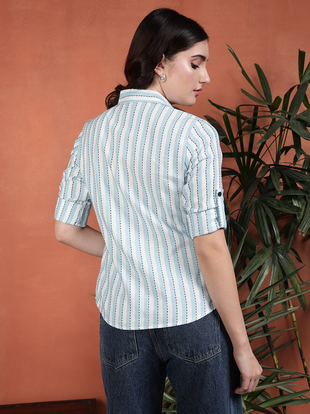 TANDUL Women Stylish Blue and White Striped Shirt