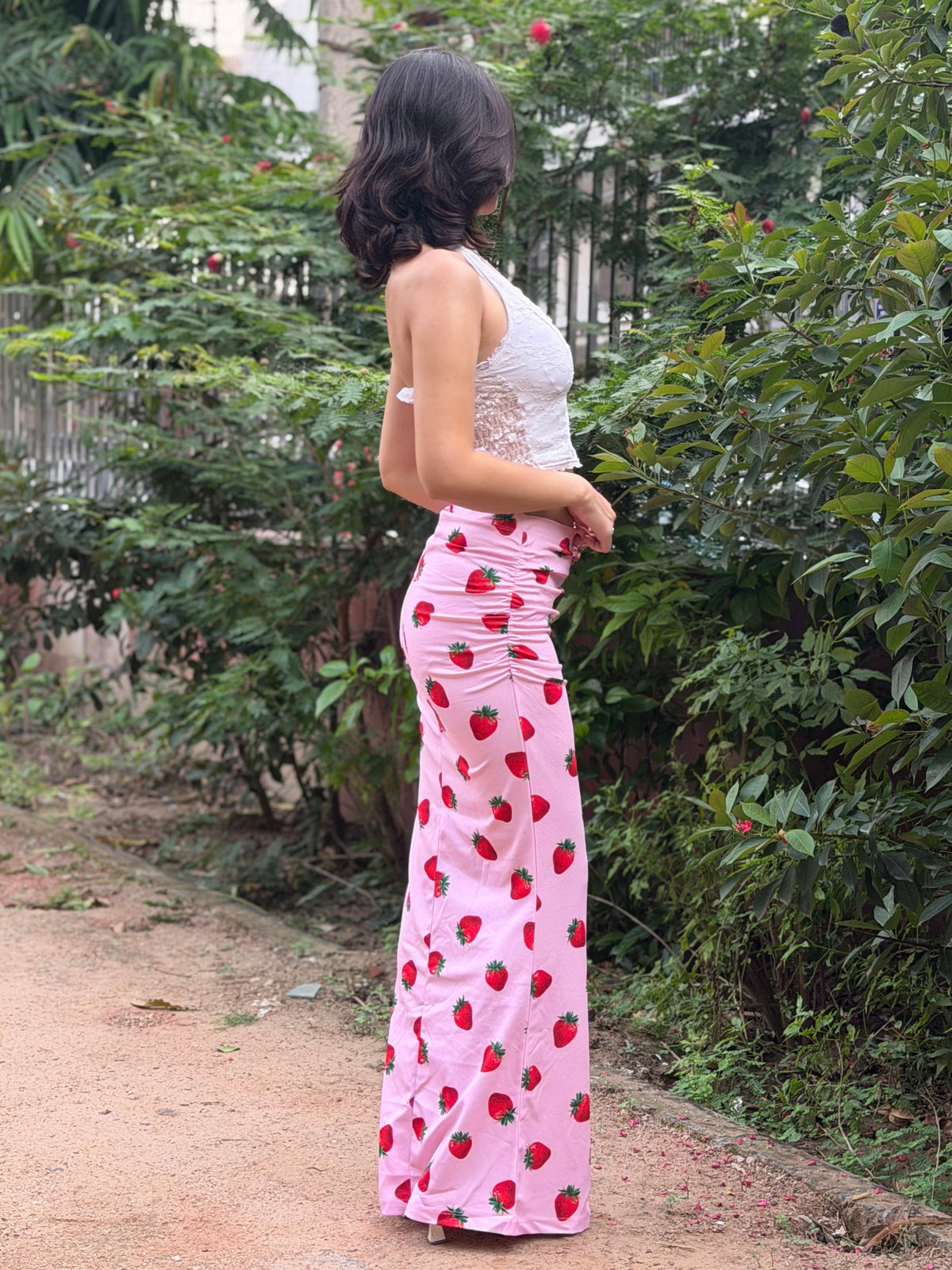 TANDUL Women Pastel Pink Strawberry Bodycon Maxi Skirt