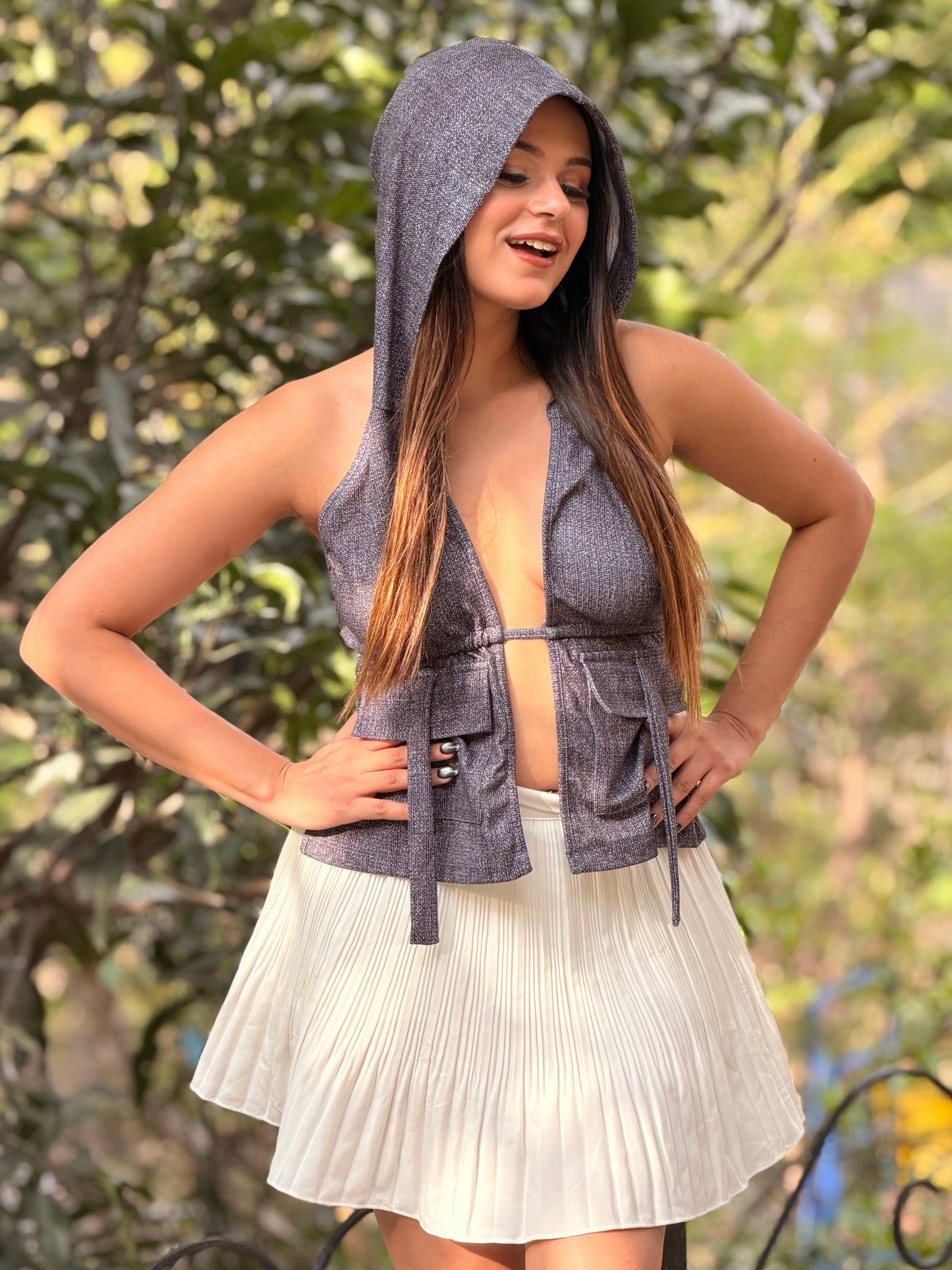 TANDUL Women Gray Hooded Tank Top