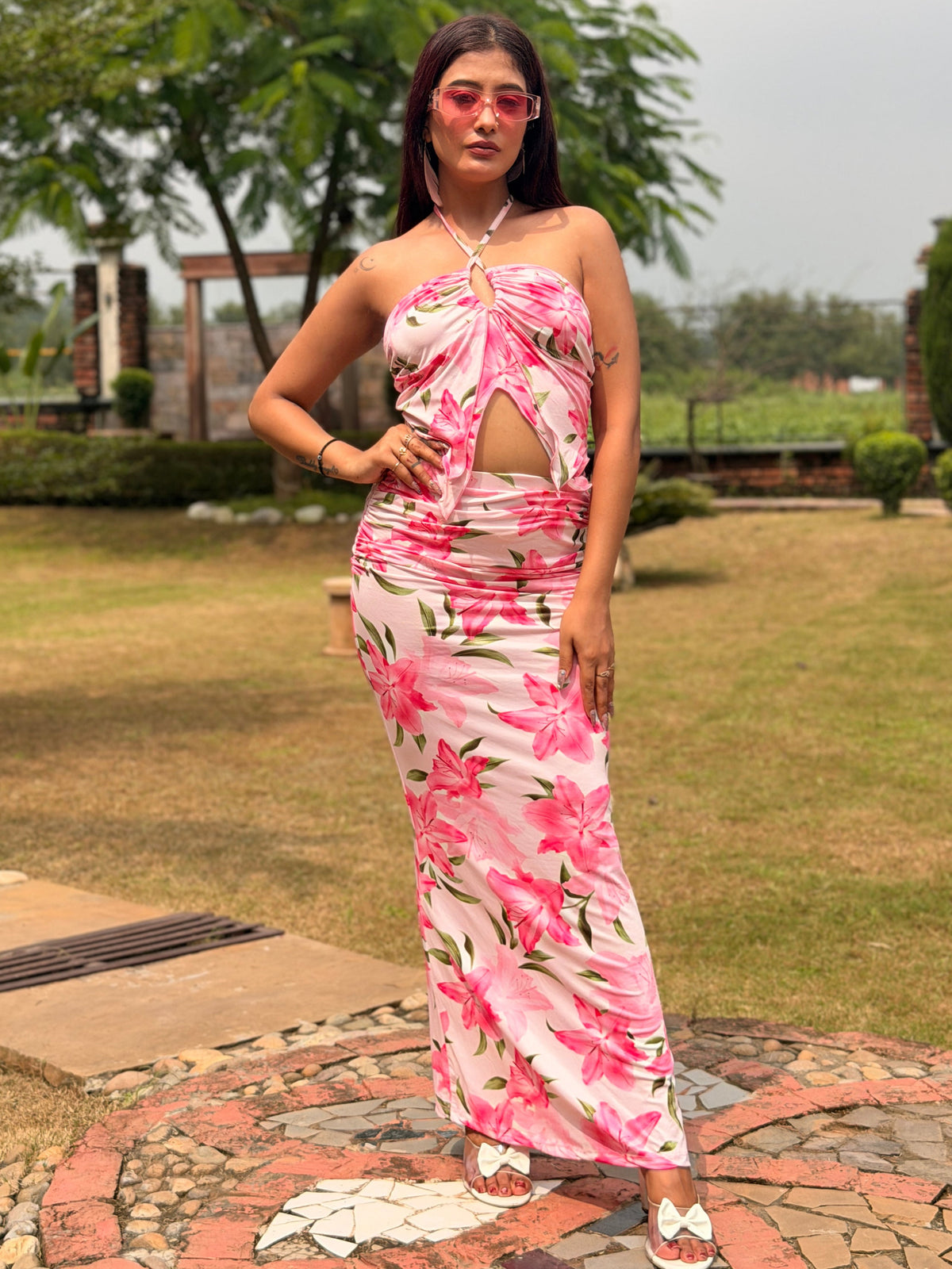 TANDUL Women Tropical Bloom Crop Top & Ruched Skirt Co-ord Set