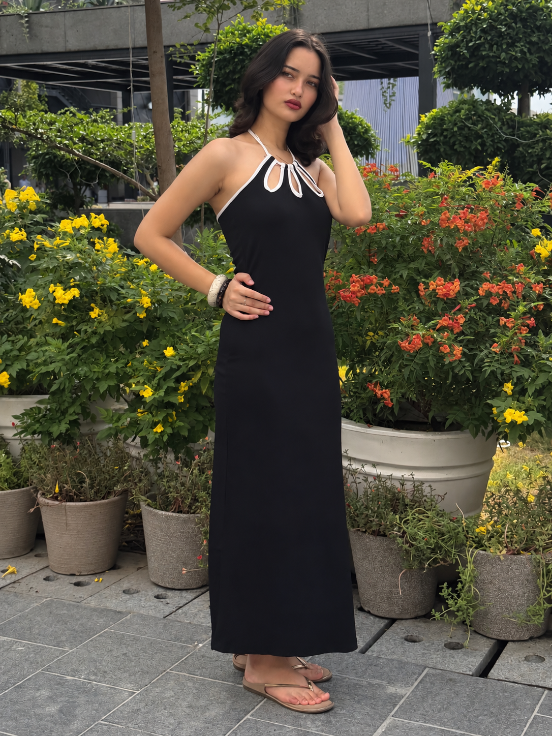 TANDUL Women Monochrome Floral Cut-Out Bodycon Dress